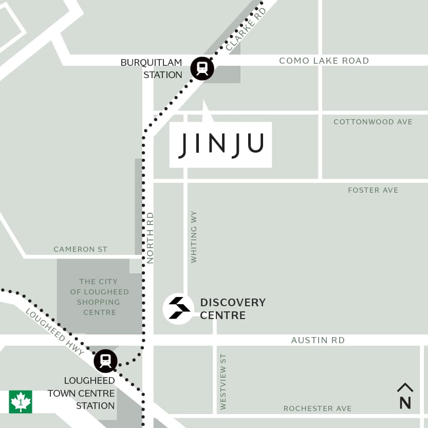 Jinju – A site location map labeled 'JINJU' showing nearby streets, SkyTrain stations, and a discovery centre.