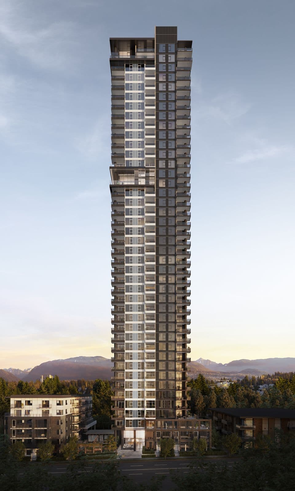 Jinju – A tall modern high-rise tower rendered against a blue sky with mountains and lower-rise buildings in the foreground.