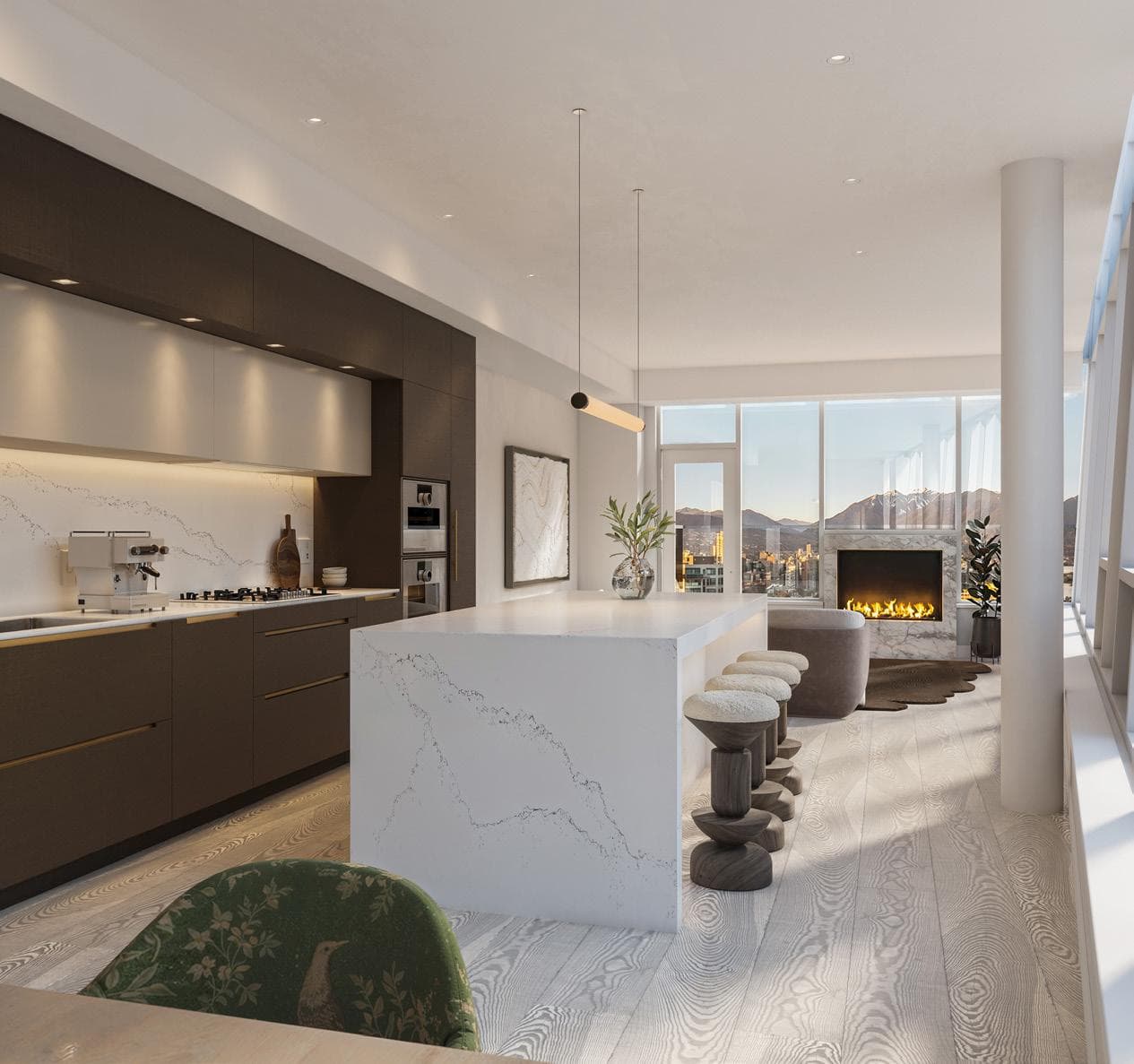 Italia – An open kitchen and living area with dark brown cabinetry, a white waterfall-edge marble island with wood stools, a gas fireplace, and floor-to-ceiling windows showing a mountain and city view.