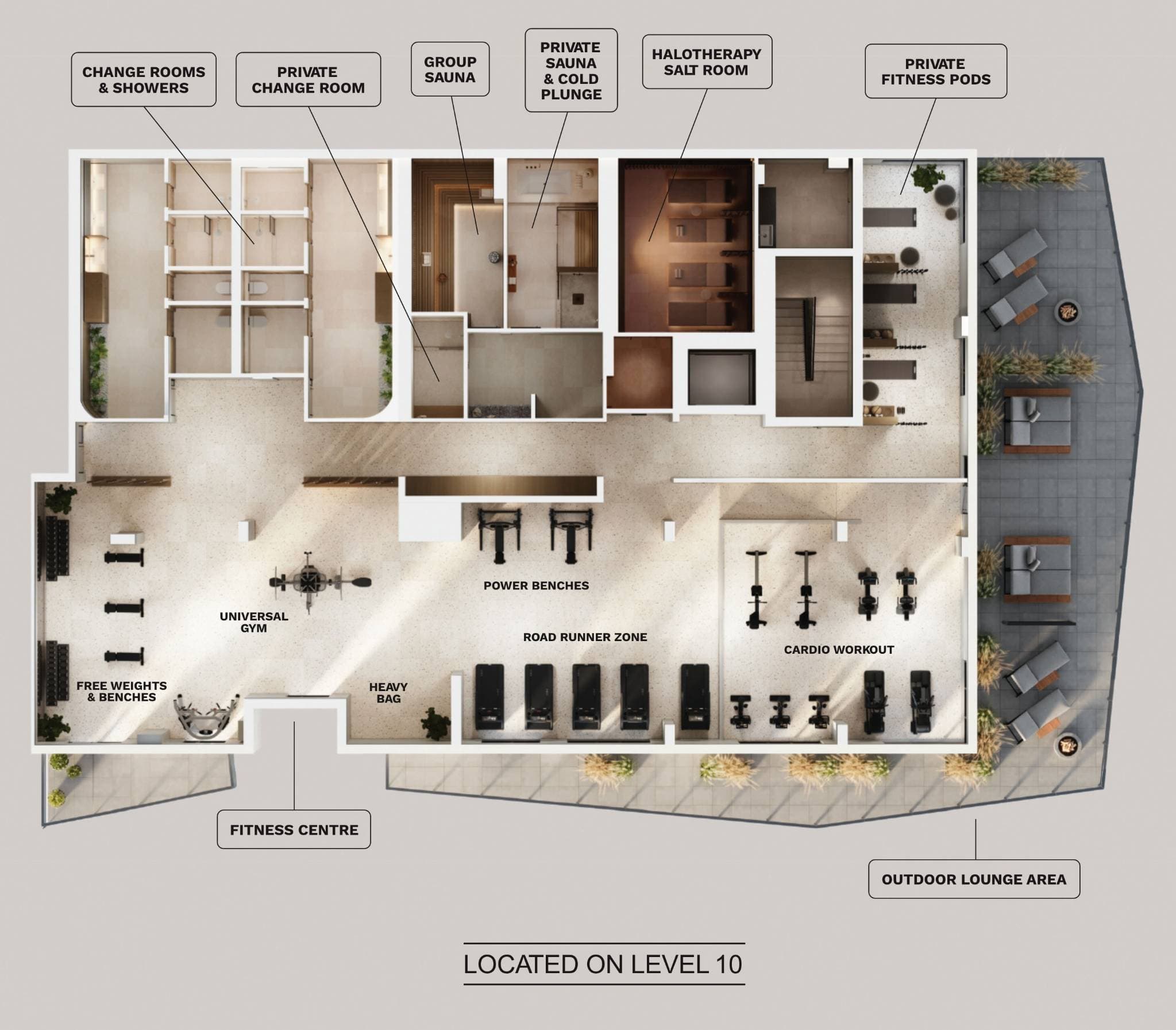 Kwasen Village – Labeled floor plan diagram of a level 10 fitness amenity floor showing a gym, change rooms and showers, private change room, group sauna, private sauna and cold plunge, halotherapy salt room, private fitness pods and an outdoor lounge area.