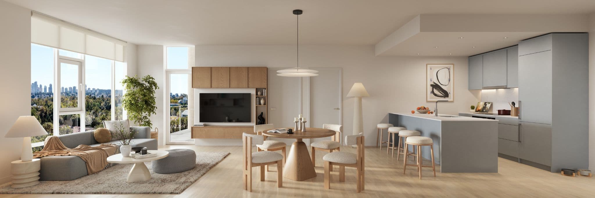 Kwasen Village – Wide view of an open-concept living, dining and kitchen space with floor-to-ceiling windows showing a city skyline, a gray sectional sofa, round dining table and gray kitchen island.