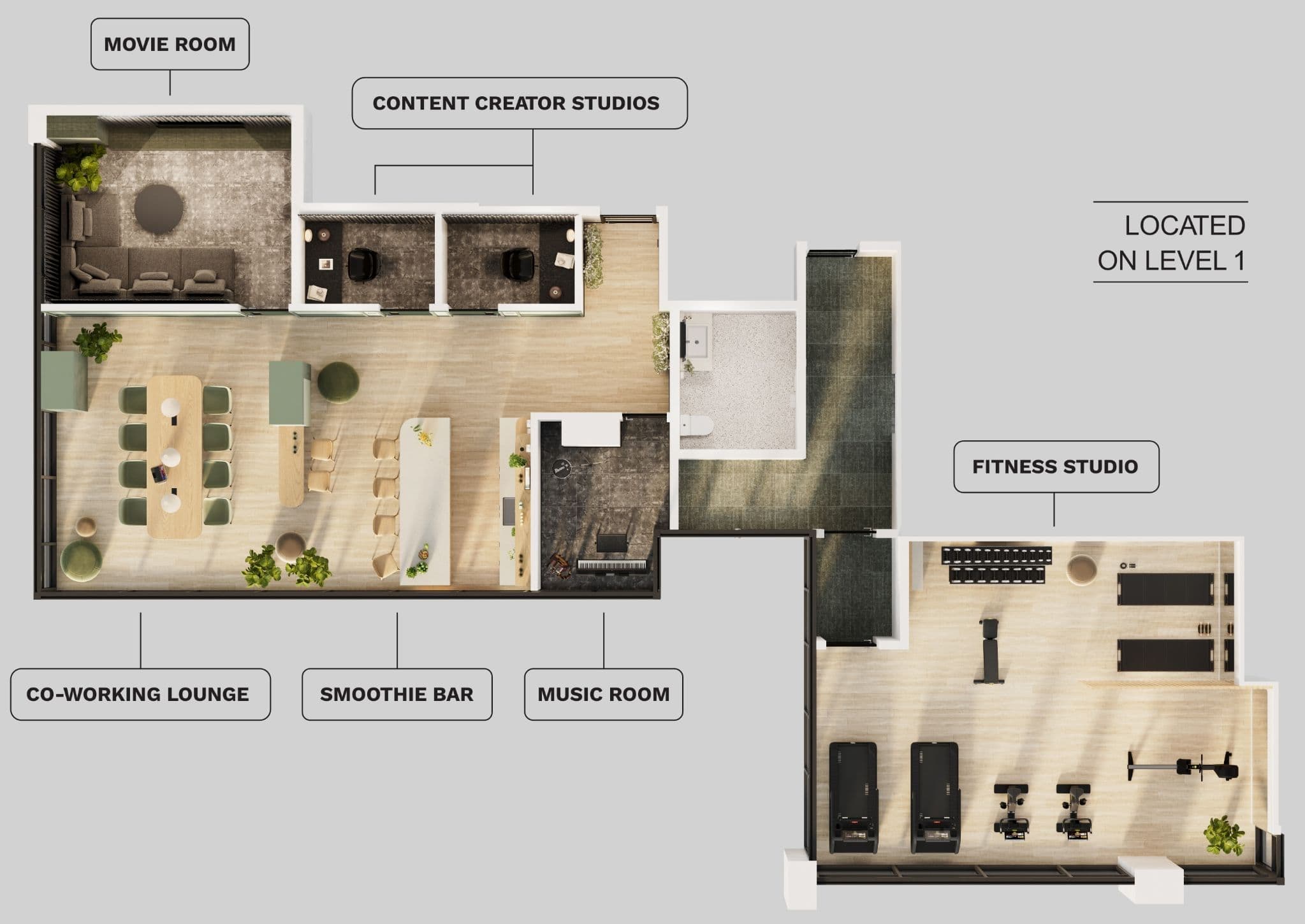 Kwasen Village – Labeled floor plan diagram of a level 1 amenity floor showing a movie room, content creator studios, co-working lounge, smoothie bar, music room and a separate fitness studio.