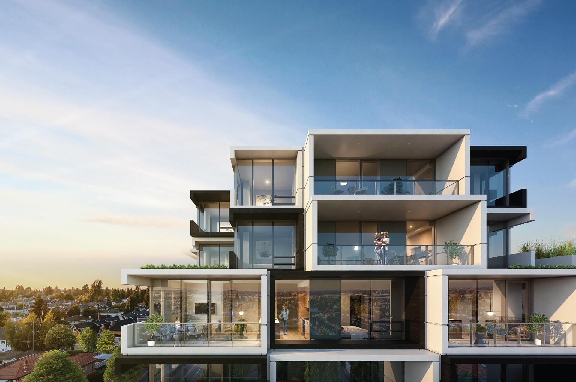 Ōku – Rendering of the building exterior at dusk showing stacked balconies and glass railings above a residential neighborhood.