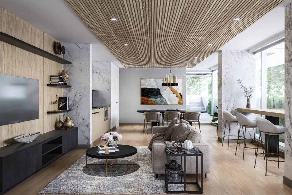 Ōku – Shared lounge space with a wood slat ceiling, marble accent wall, sofa, and bar seating.