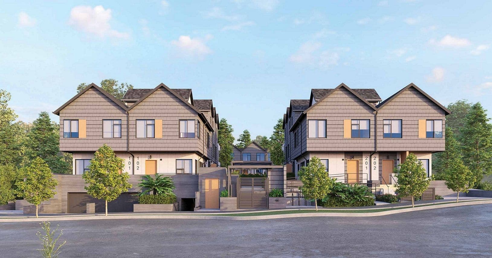 The Idyllic – Street-level rendering of two paired shingle-clad townhome buildings with numbered units, gated walkways, and mature trees around.
