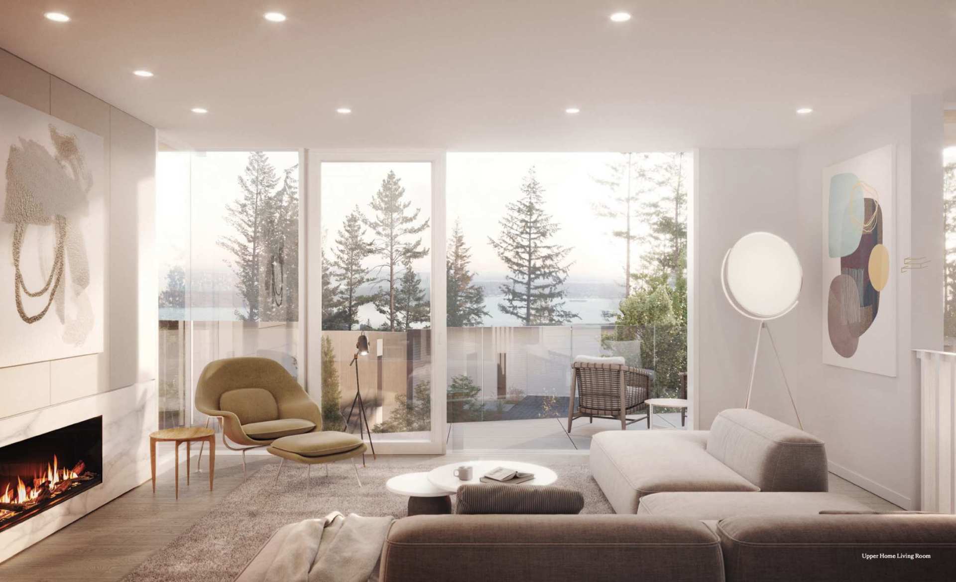 Alpine – Living room labeled 'Upper Home Living Room' with a fireplace, sectional sofa, and glass doors opening onto a deck with a water view through trees.