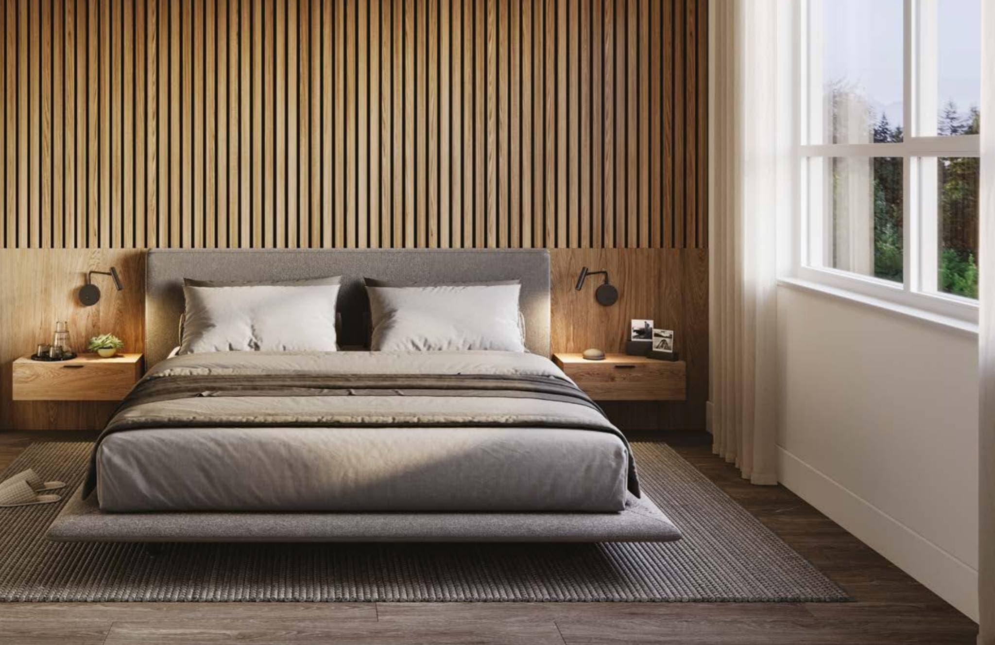 Eden – Bedroom with a low platform bed, vertical wood slat accent wall, floating nightstands with wall sconces, and a large window.