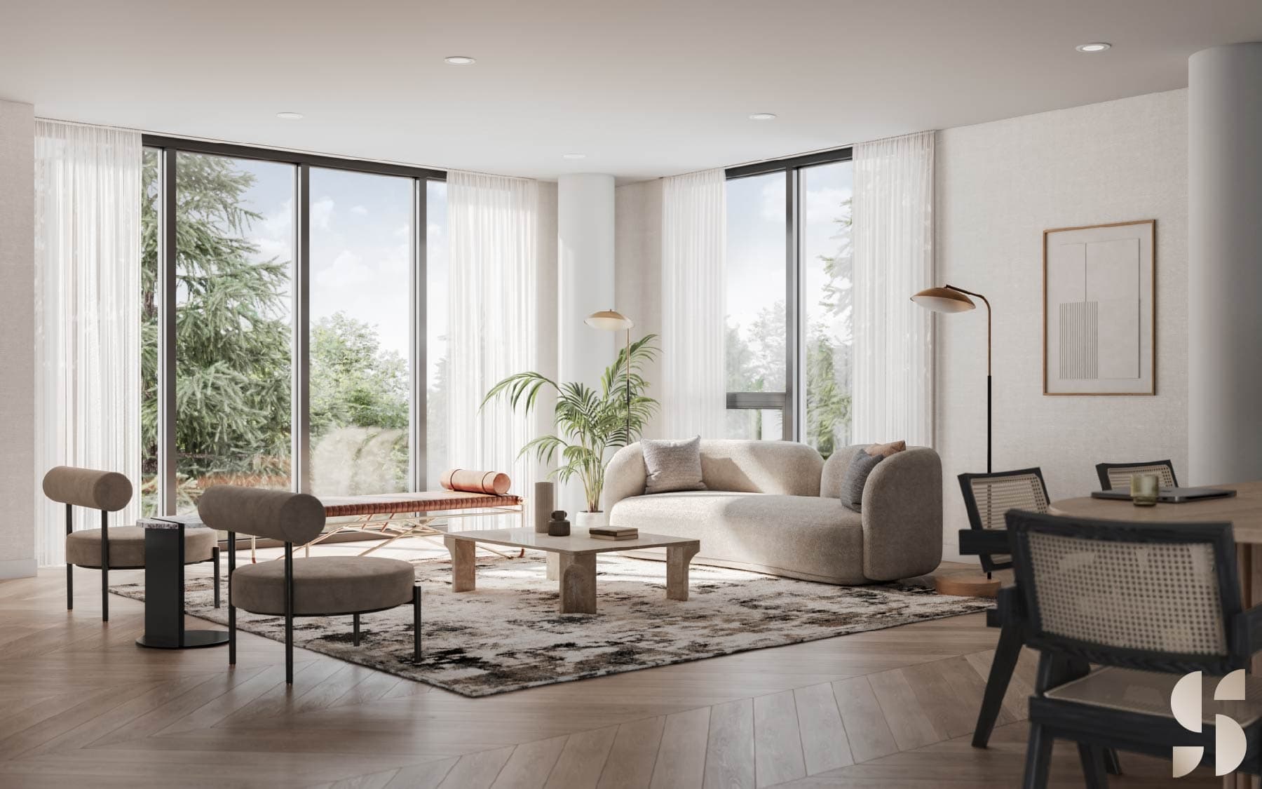 Sequoia – A bright, upscale living room featuring chevron hardwood floors, a curved neutral sofa, modern accent chairs, and a low stone coffee table. Floor-to-ceiling corner windows with sheer white curtains let in ample daylight and look out onto lush green trees.