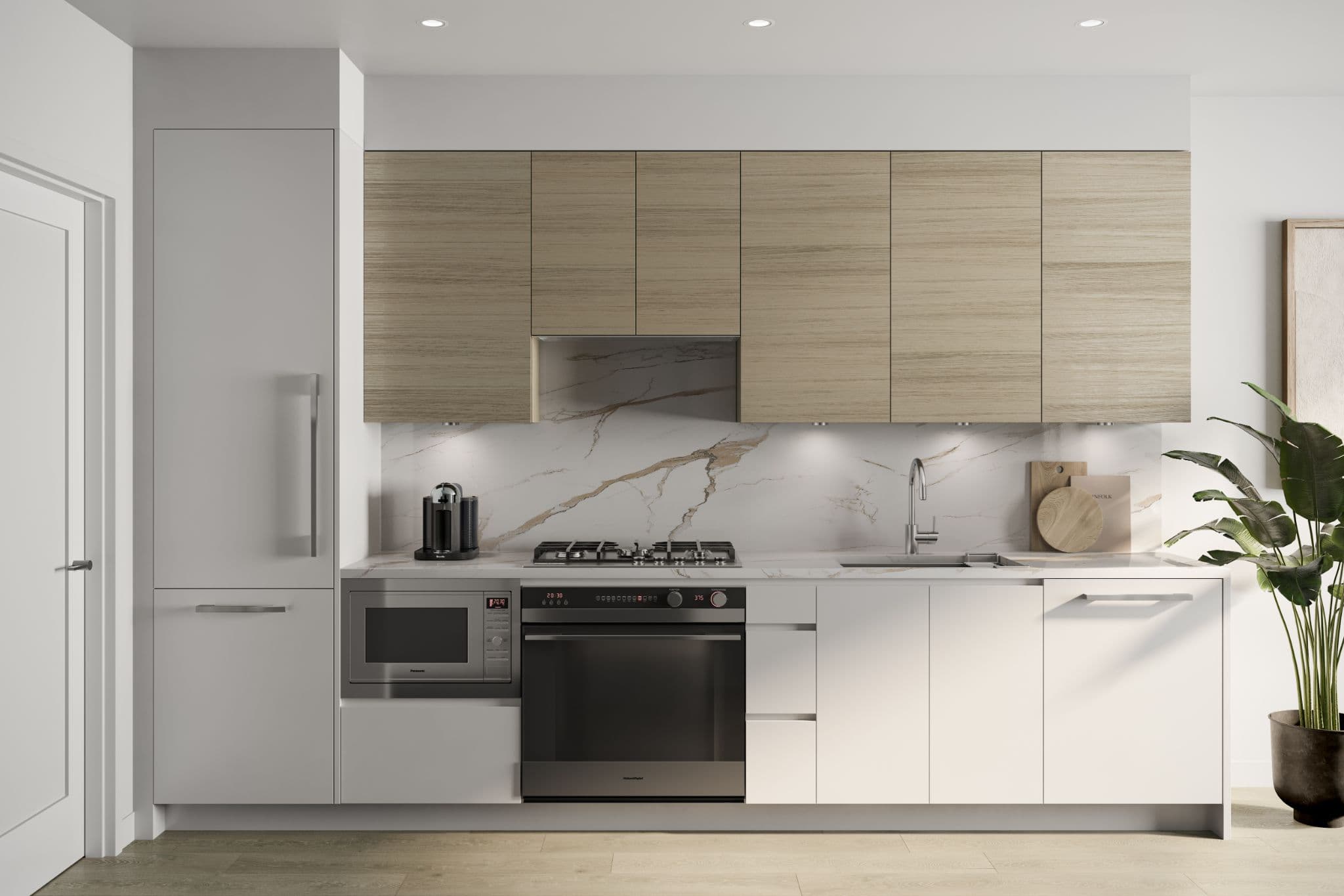 Sequoia – A bright, modern kitchen featuring white and light wood flat-panel cabinetry, marble-veined backsplash, and integrated stainless steel appliances. A potted plant stands to the right, adding a touch of greenery to the clean, minimalist interior.