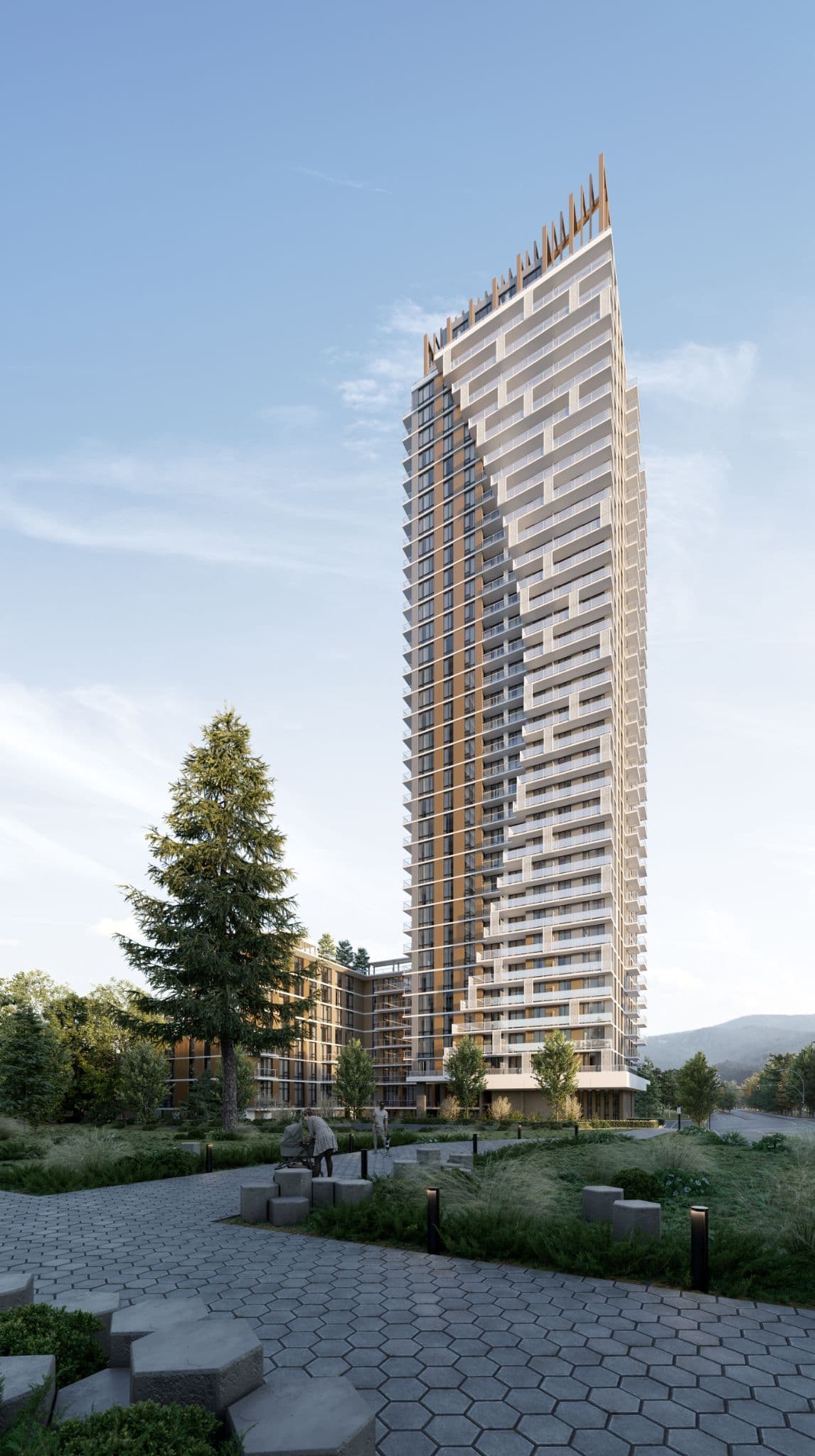Sequoia – A striking modern high-rise residential tower featuring a diagonal stepped balcony facade and crown-like roofline stands adjacent to a lushly landscaped park with stone pathways under a clear daytime sky.