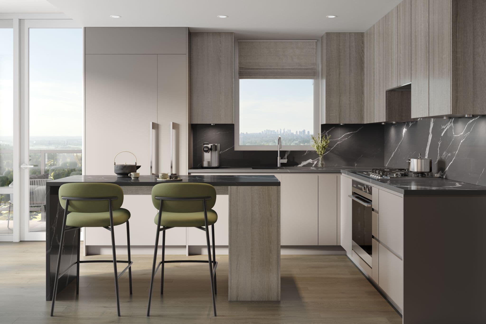 Sequoia – A contemporary kitchen features black marble countertops, textured wood and matte taupe cabinetry, and an island paired with two olive-green barstools. Natural light pours in from an adjacent glass balcony door and a central window overlooking distant city skylines.
