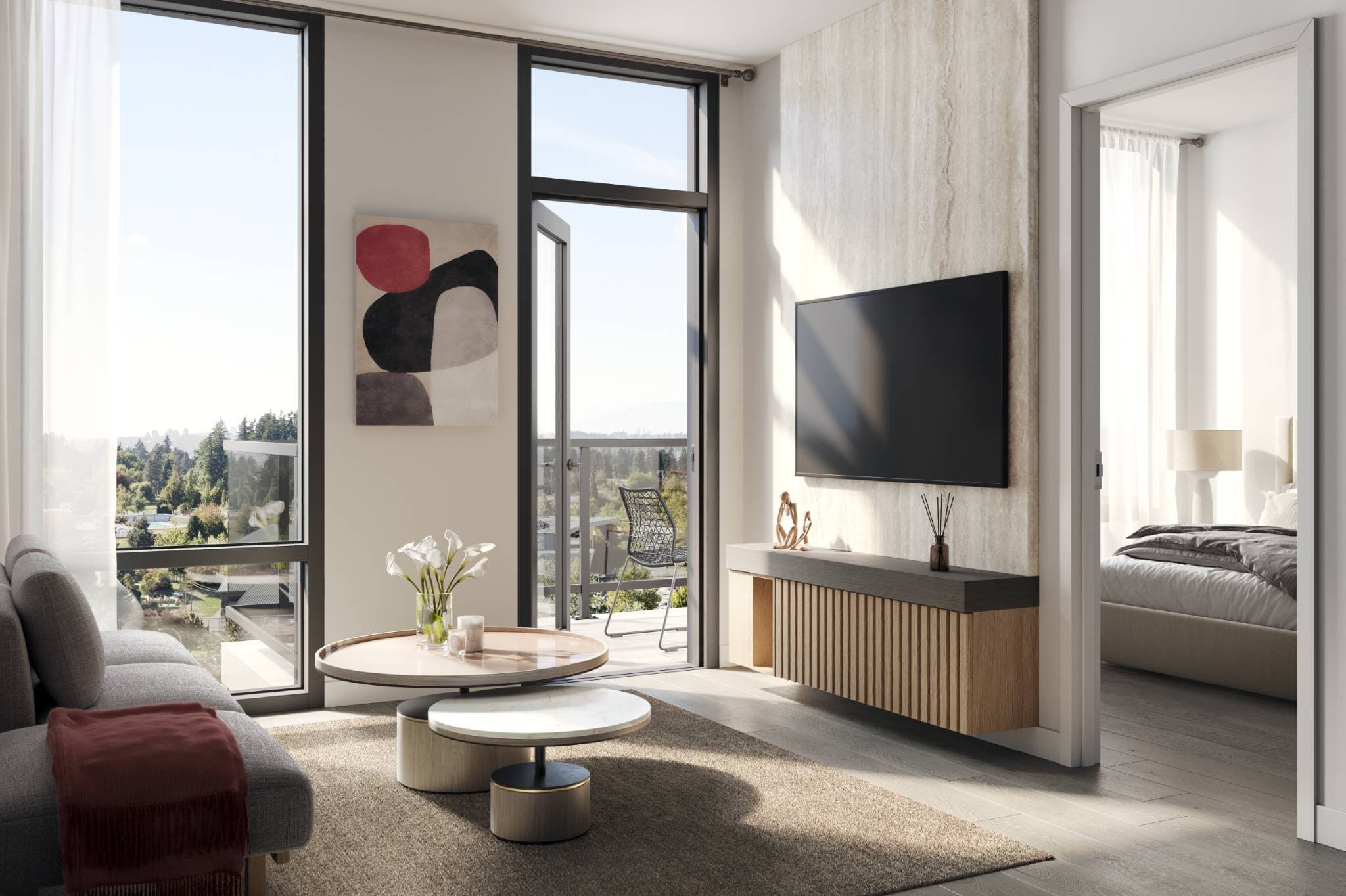 Sequoia – A sunlit, modern apartment living room with floor-to-ceiling windows and an open door leading to a private balcony. The space features contemporary furniture, a mounted TV on a marble feature wall, and a glimpse into an adjoining bedroom overlooking lush greenery.