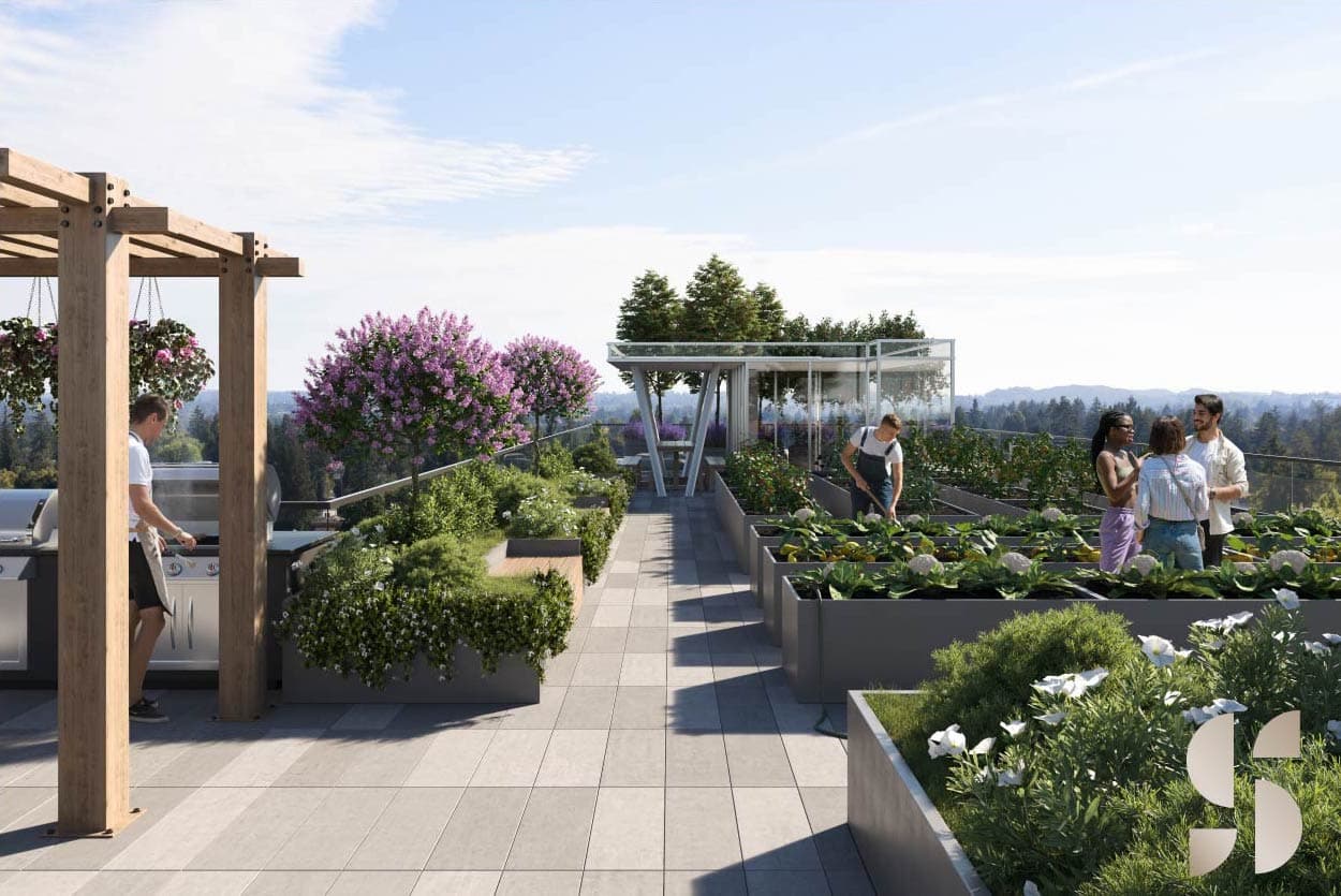 Sequoia – A bright rooftop community garden terrace featuring raised planter beds, a glass greenhouse pavilion, and an outdoor BBQ station under a timber pergola. People are gardening and socializing against a scenic backdrop of lush green treetops under a clear sky.