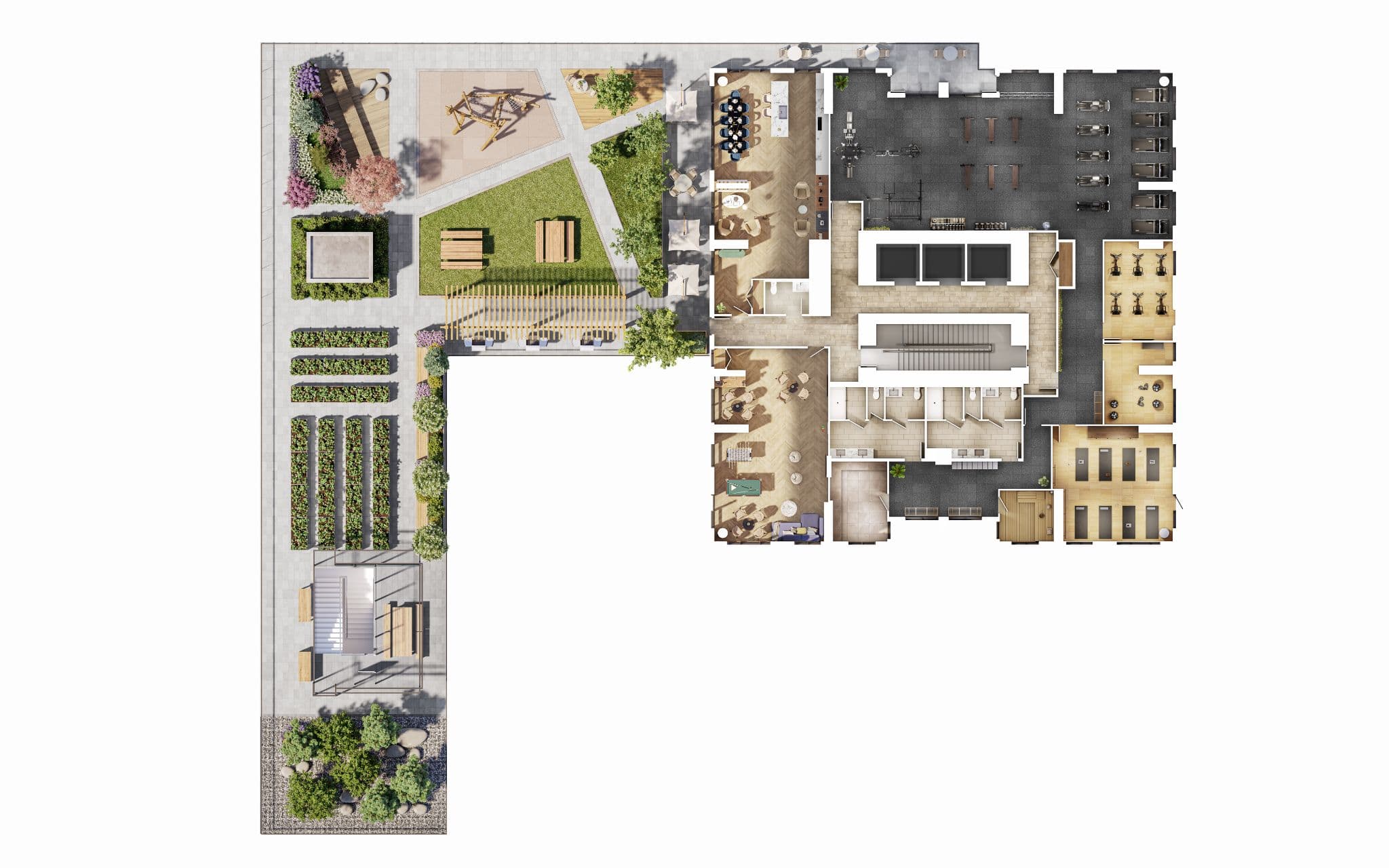 Sequoia – A top-down rendered floor plan depicting indoor and outdoor amenity areas, including a fully equipped fitness center, lounge spaces, and restrooms alongside an outdoor terrace with garden plots, a playground, and landscaped seating.