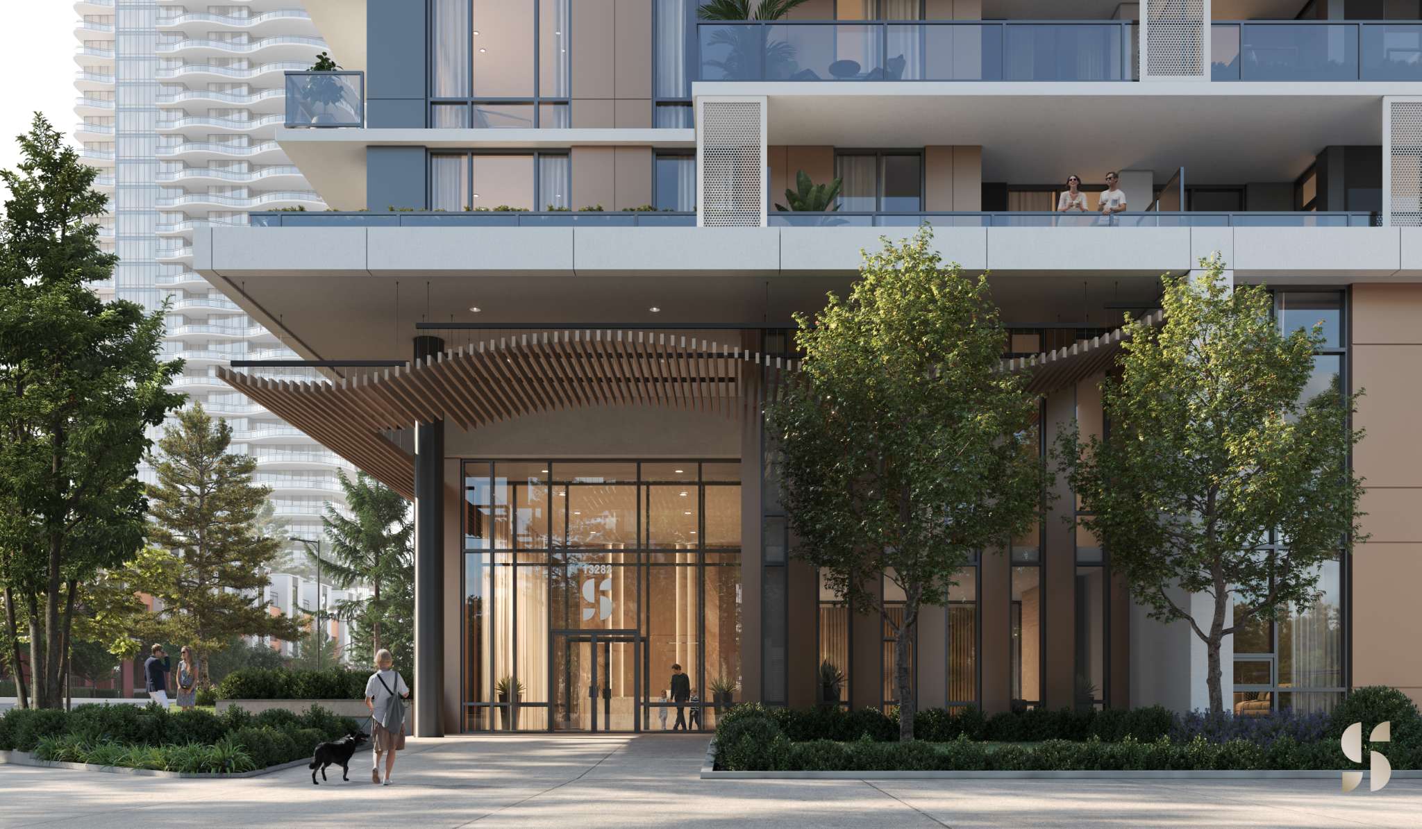 Sequoia – A ground-level view of a modern residential tower's entrance, featuring a striking curved wood-slat canopy over a double-height glass lobby. Lush green trees, landscaped planter beds, and a clean paved plaza frame the warmly lit entryway.