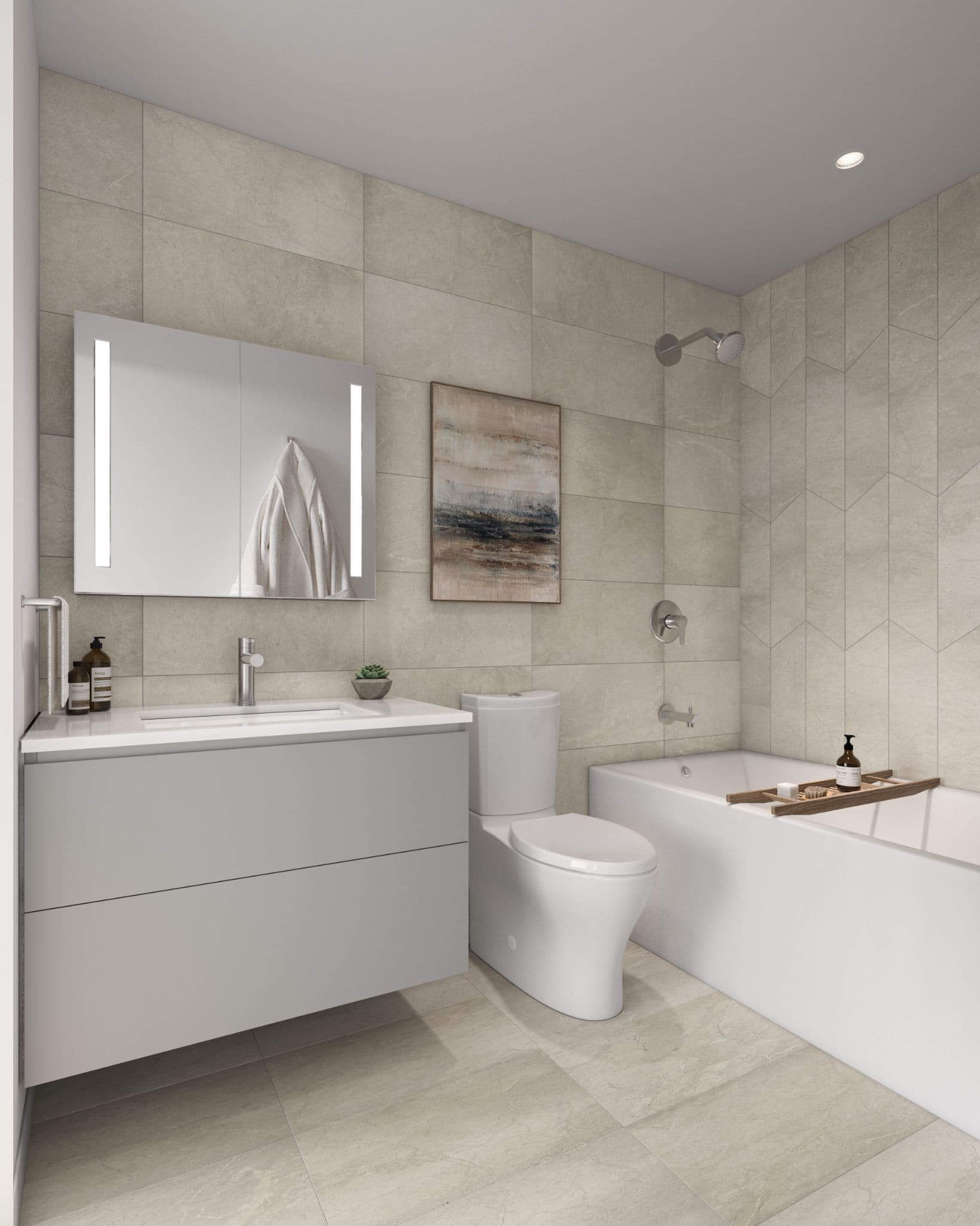 Sequoia – A modern bathroom featuring neutral stone tiling, a floating vanity with an illuminated mirror, a toilet, and a combination bathtub-shower. The space has a clean, spa-inspired aesthetic with polished chrome fixtures and minimalist decor.