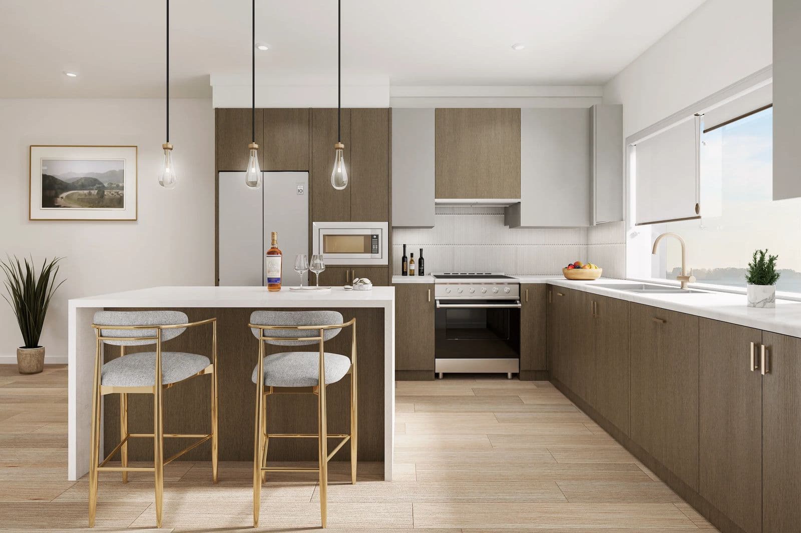 Finestra – A modern kitchen with dark wood cabinets, white countertops, pendant lighting, and a view to a window overlooking water.