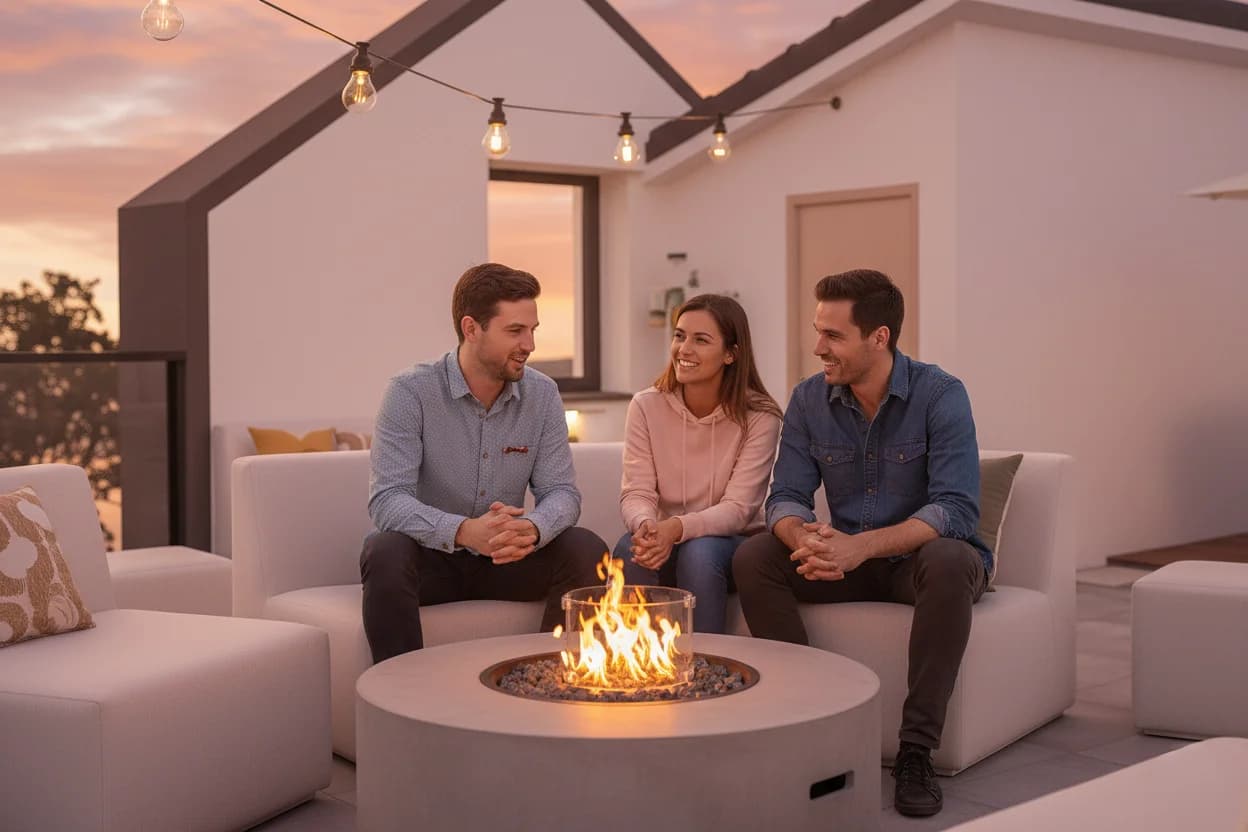 Finestra – A rooftop lounge at dusk with a lit fire pit and three people sitting on outdoor sofas chatting, string lights overhead.