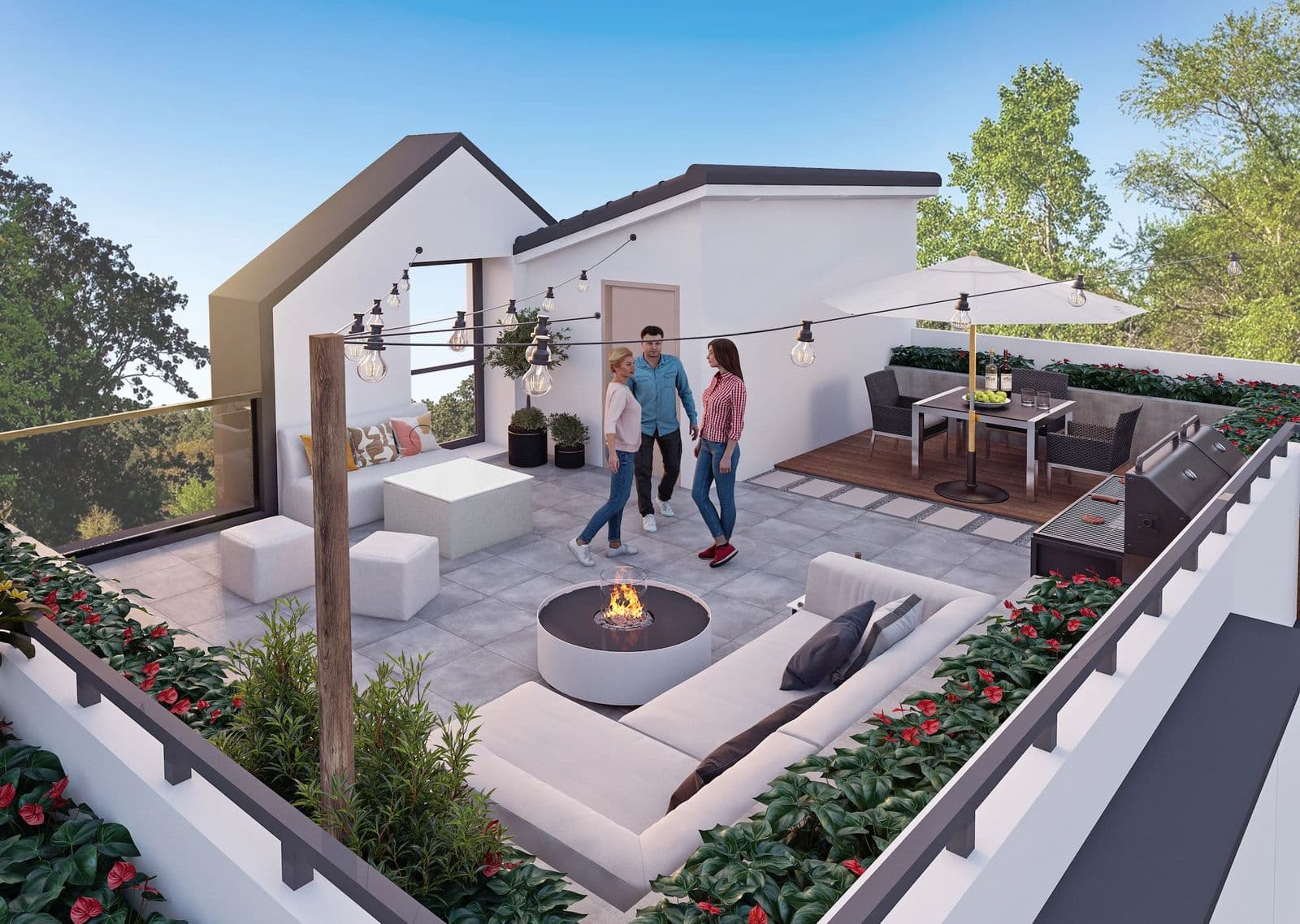Finestra – A rooftop patio with lounge seating, a fire pit table, string lights, an umbrella-shaded dining set, and a built-in BBQ.