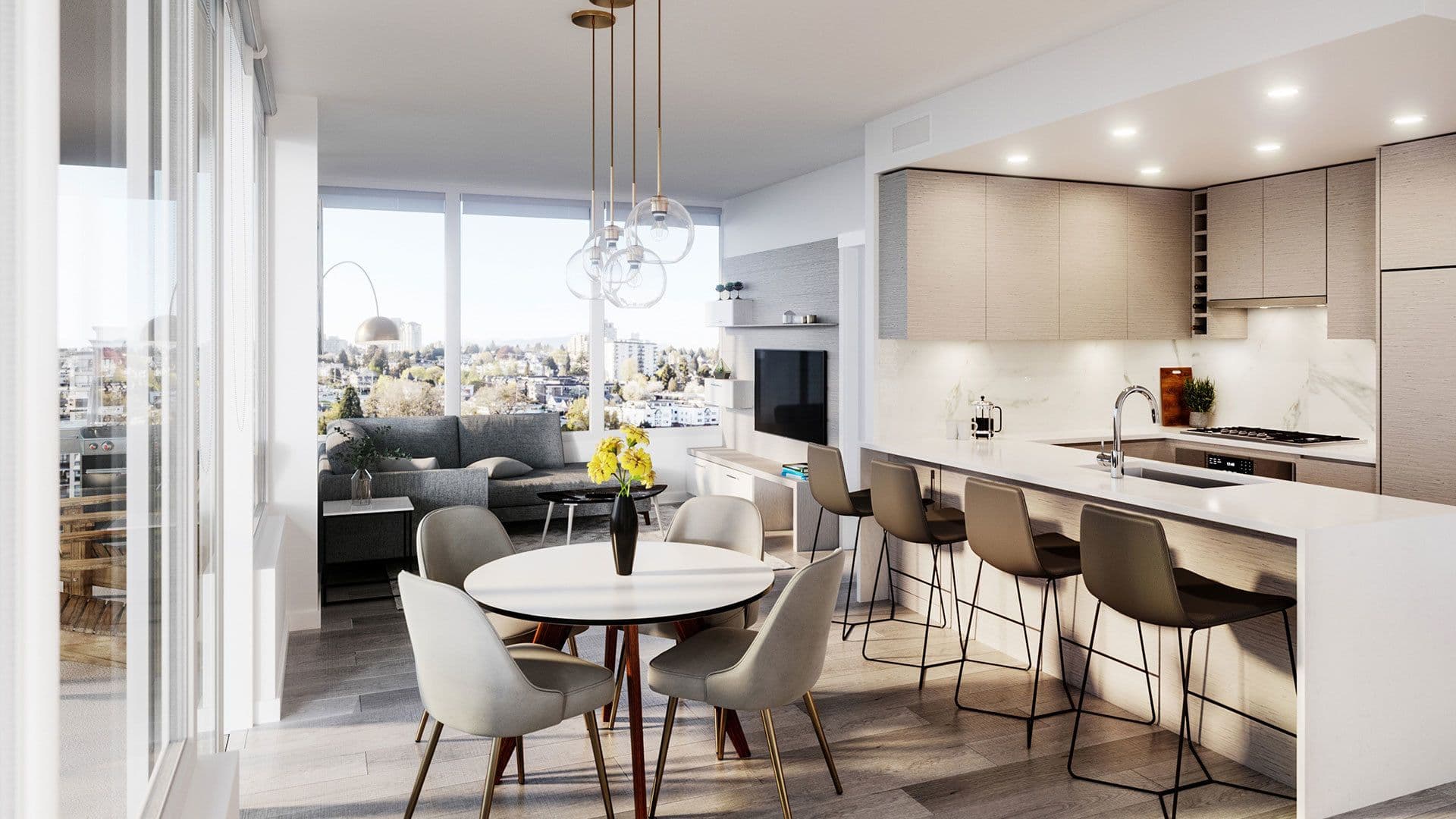 Ovation – A modern open-concept residential suite featuring a kitchen with light wood cabinetry, white quartz waterfall island, dining table with six chairs, and an adjacent living room. Large floor-to-ceiling windows fill the space with natural daylight and offer expansive views of the surrounding city and tree-lined neighborhood.