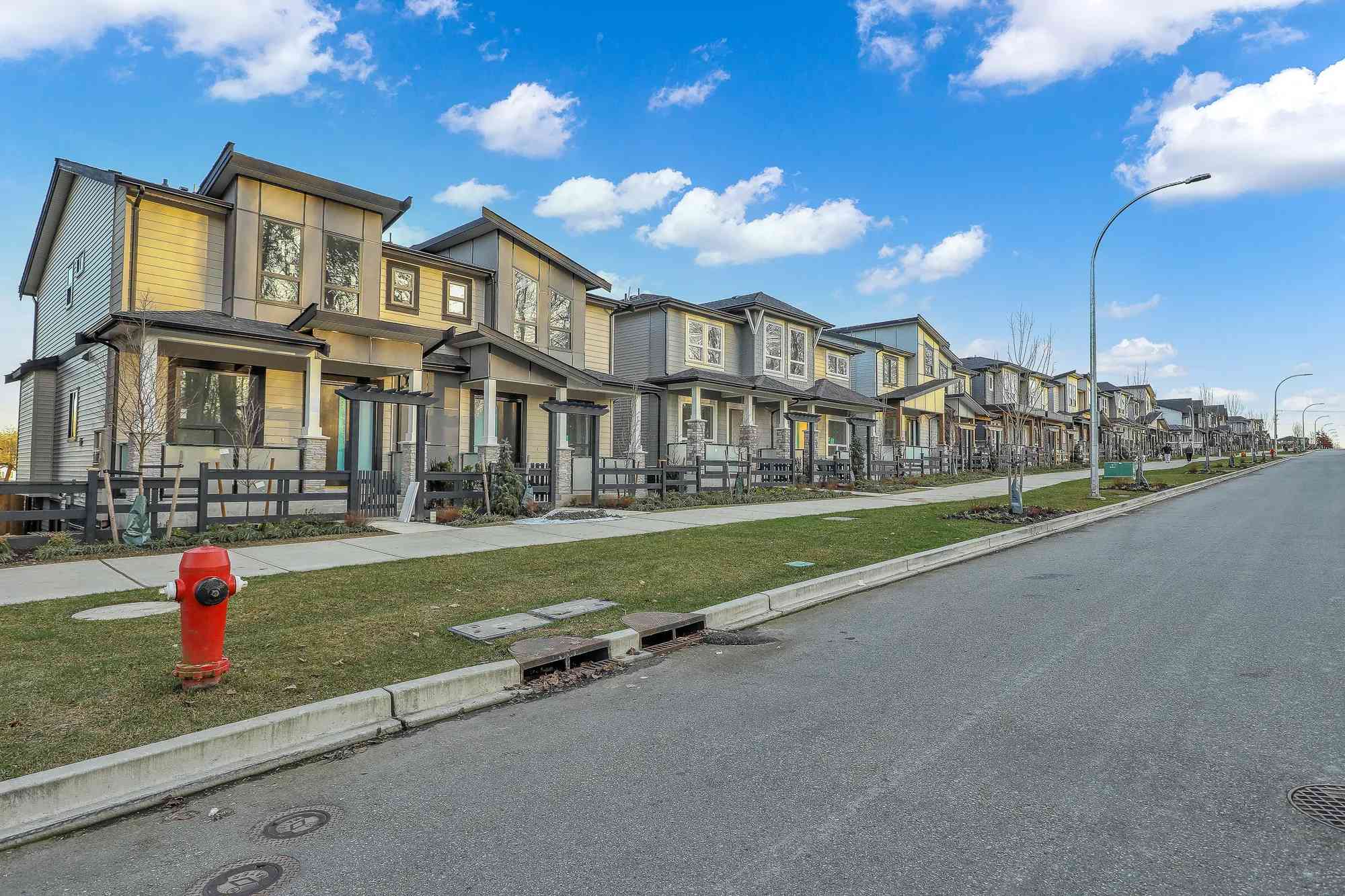 Latimer Landing – A street-level daytime view showing a long row of modern multi-family townhomes featuring mixed siding, paneling, and stone accents along the front porches. A paved street with a bright red fire hydrant runs in the foreground, bordered by a concrete sidewalk and neatly manicured grass strips under a partly cloudy blue sky.