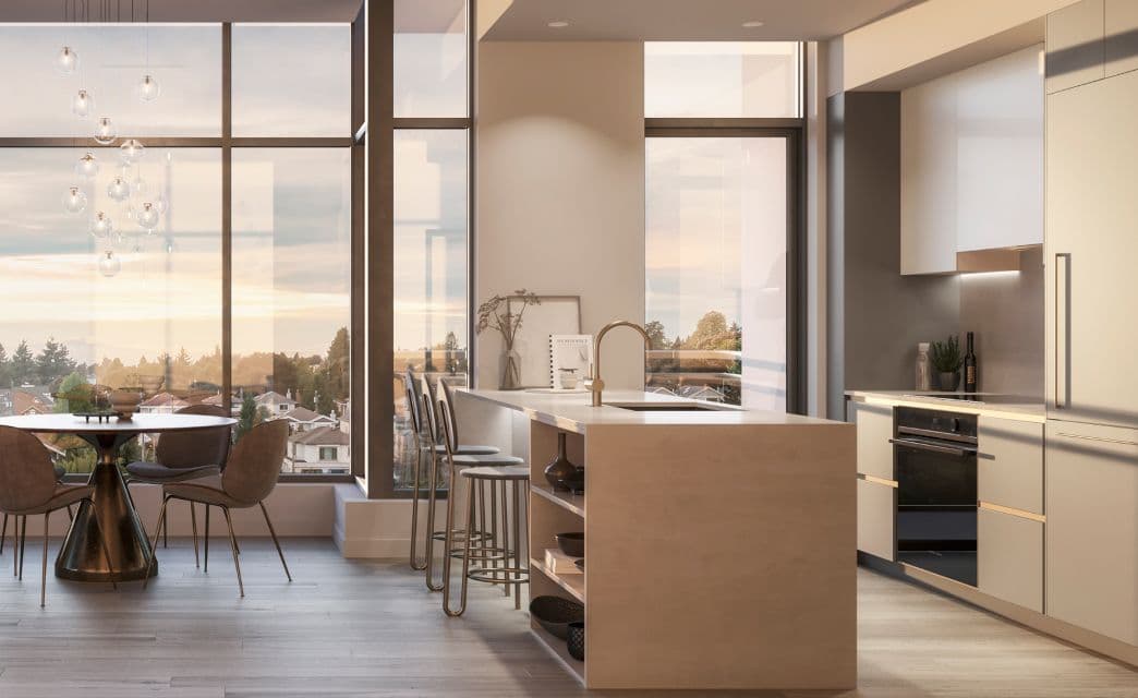 Gryphon Nova Condos – A rendering of an open kitchen and dining area with a wood-and-white island, bar stools, round dining table, and floor-to-ceiling windows showing a sunset view over rooftops.