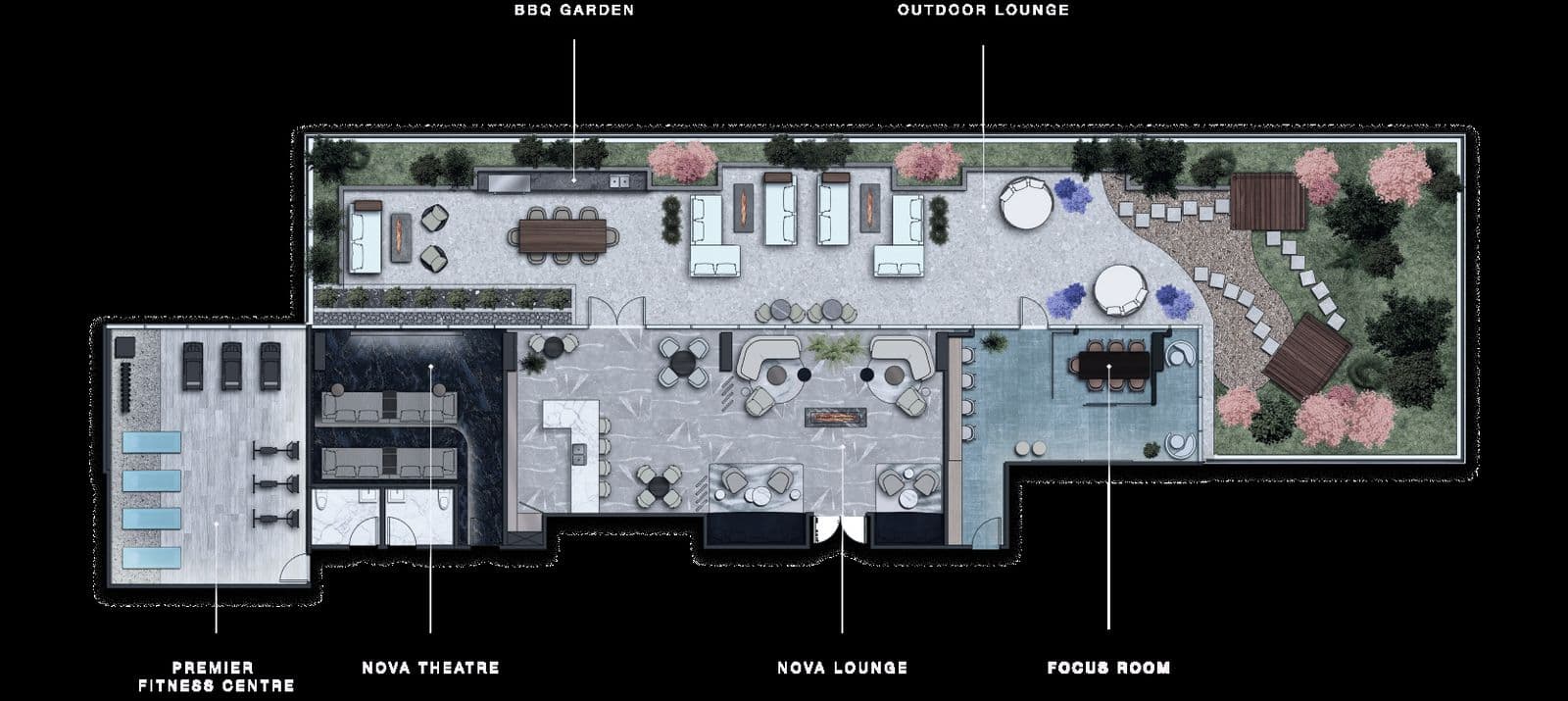 Gryphon Nova Condos – An overhead amenity floor plan diagram labeling a BBQ garden, outdoor lounge, fitness centre, theatre, lounge, and focus room.