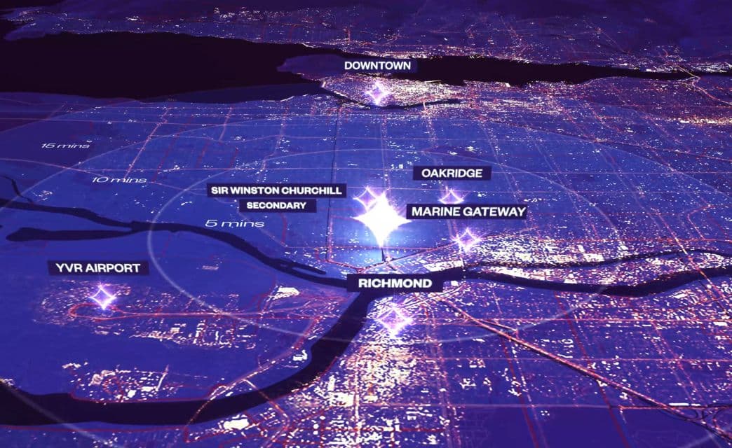 Gryphon Nova Condos – A nighttime aerial map graphic highlighting the development's location relative to Downtown, Oakridge, Marine Gateway, Richmond, and YVR Airport with travel time rings.