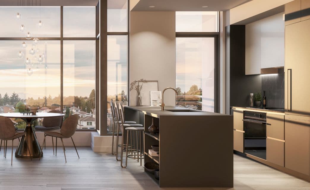 Gryphon Nova Condos – A rendering of a darker kitchen finish with a matte black island and gold-brown cabinetry, a dining table, and the same sunset view through floor-to-ceiling windows.