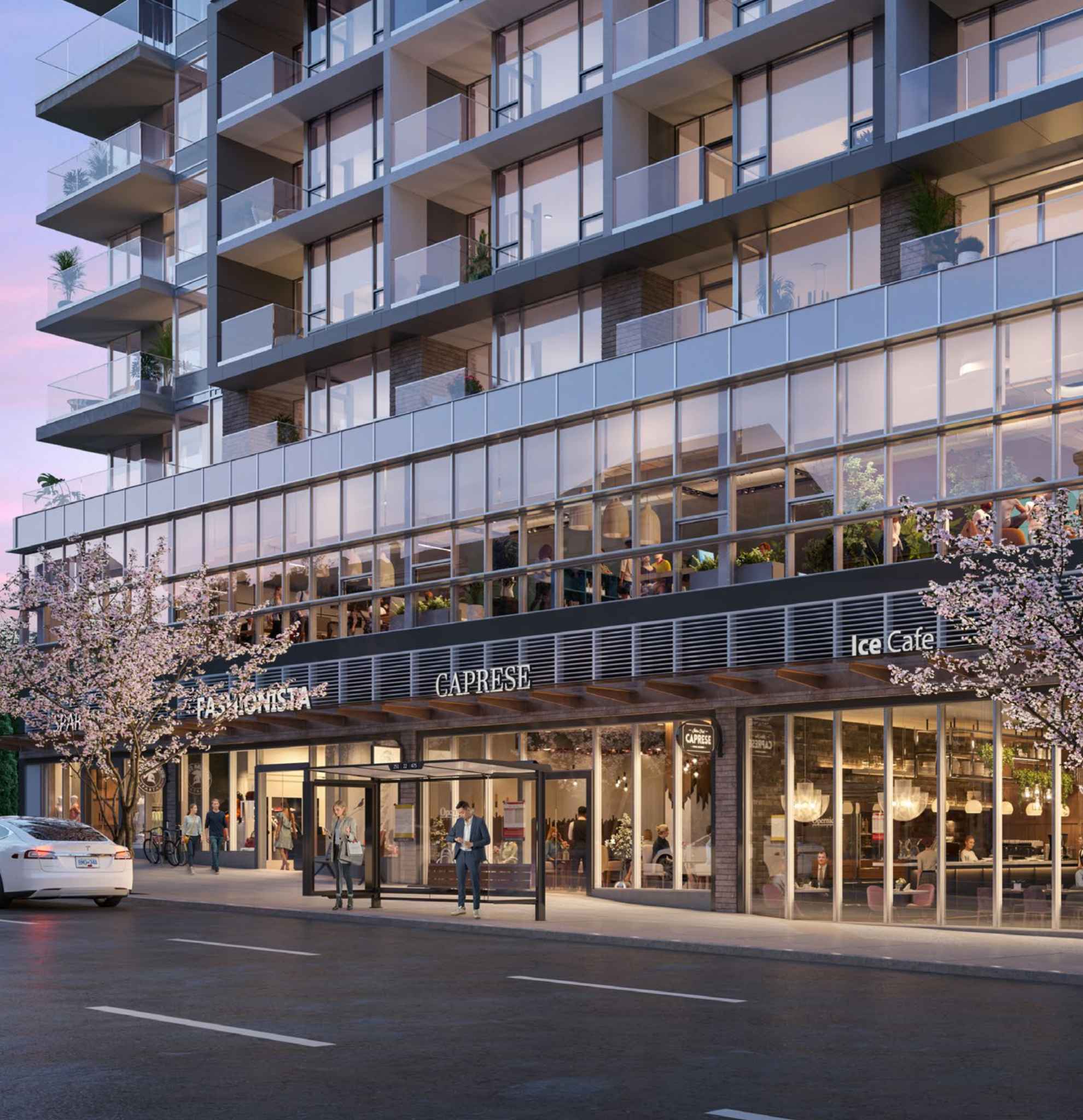 Gryphon Nova Condos – A close-up street-level rendering of the building's glass balconies above ground-floor retail storefronts including a cafe, with pedestrians and a parked car out front.