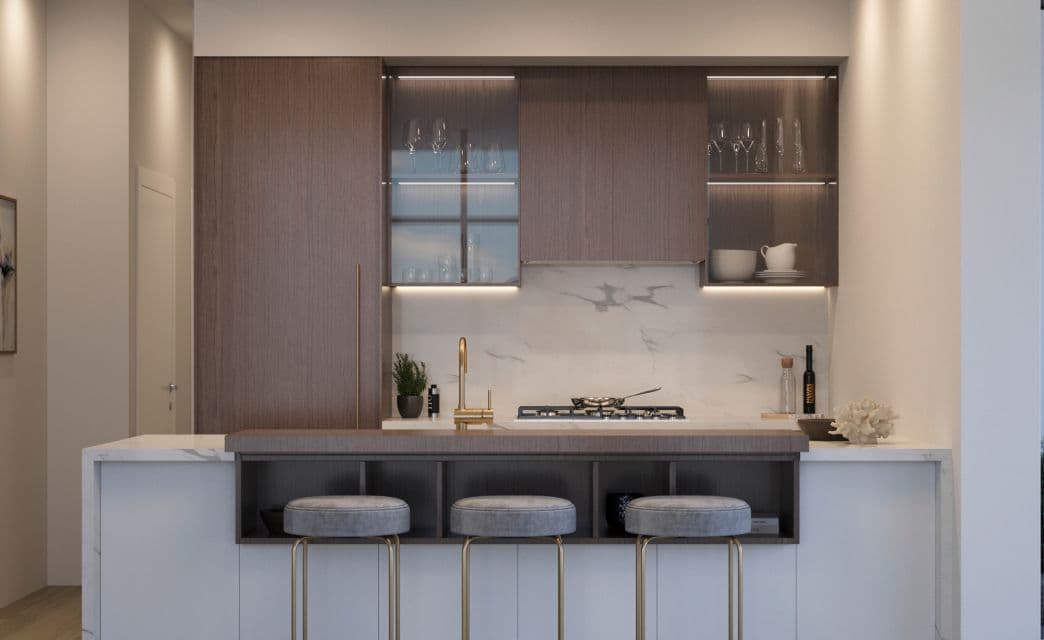 Gryphon Nova Condos – A close-up rendering of a kitchen with dark wood upper cabinets, glass-front shelving with glassware, a marble backsplash, and a gas cooktop with pendant-lit bar seating.