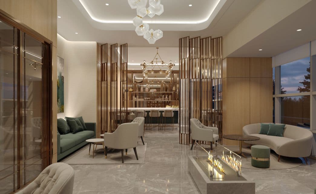 Gryphon Nova Condos – A rendering of a lounge and bar amenity space with green sofas, a fireplace, wood screen dividers, and a bar with stools.