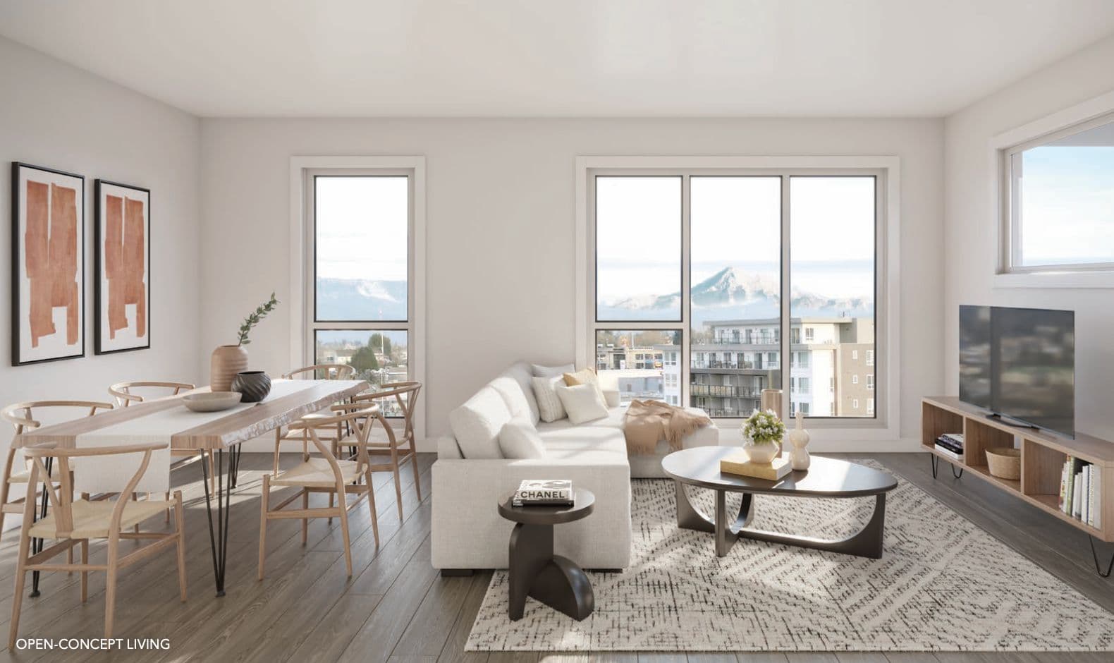 Scout – Open-concept living and dining room rendering with a wood dining table, wishbone chairs, white sectional sofa, and large windows showing a mountain and city view.