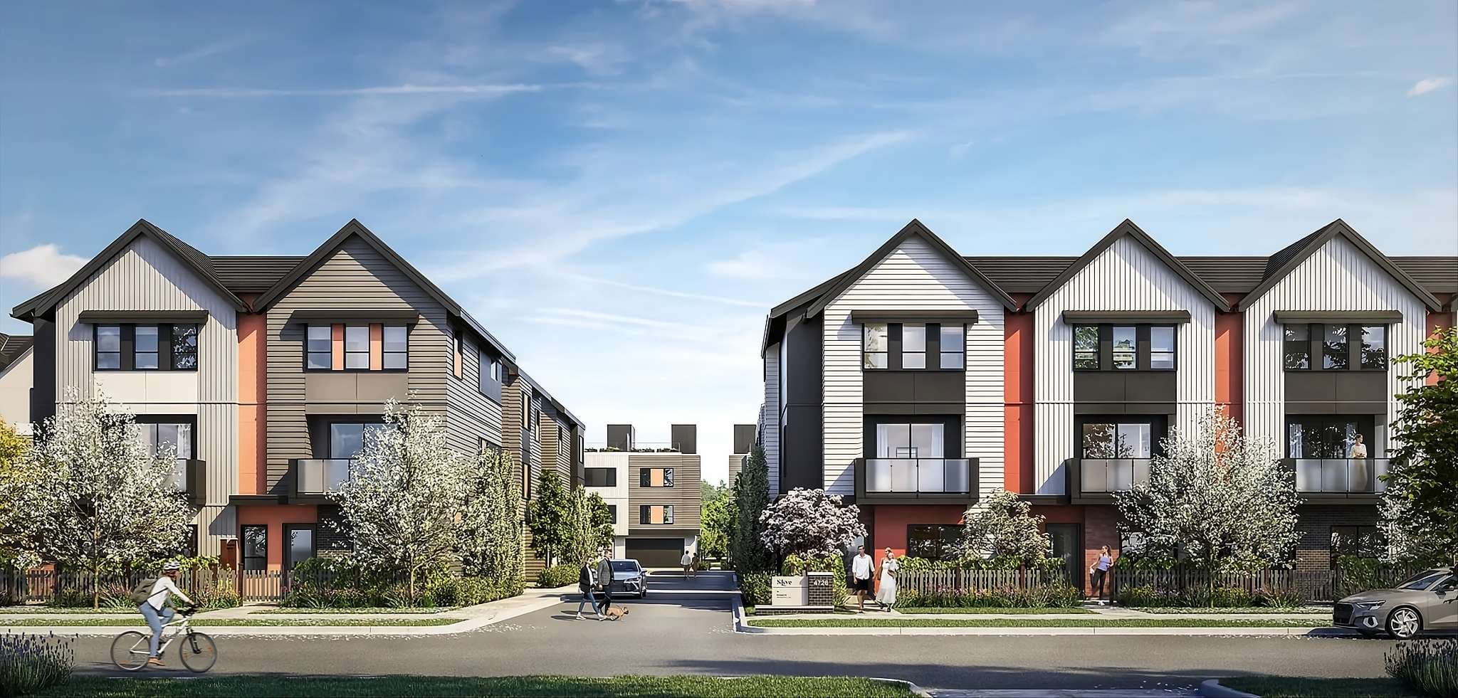 Skye at Holly Park – Rendering of a row of modern townhomes with gable rooflines and orange accent siding, with pedestrians and a dog on the street.