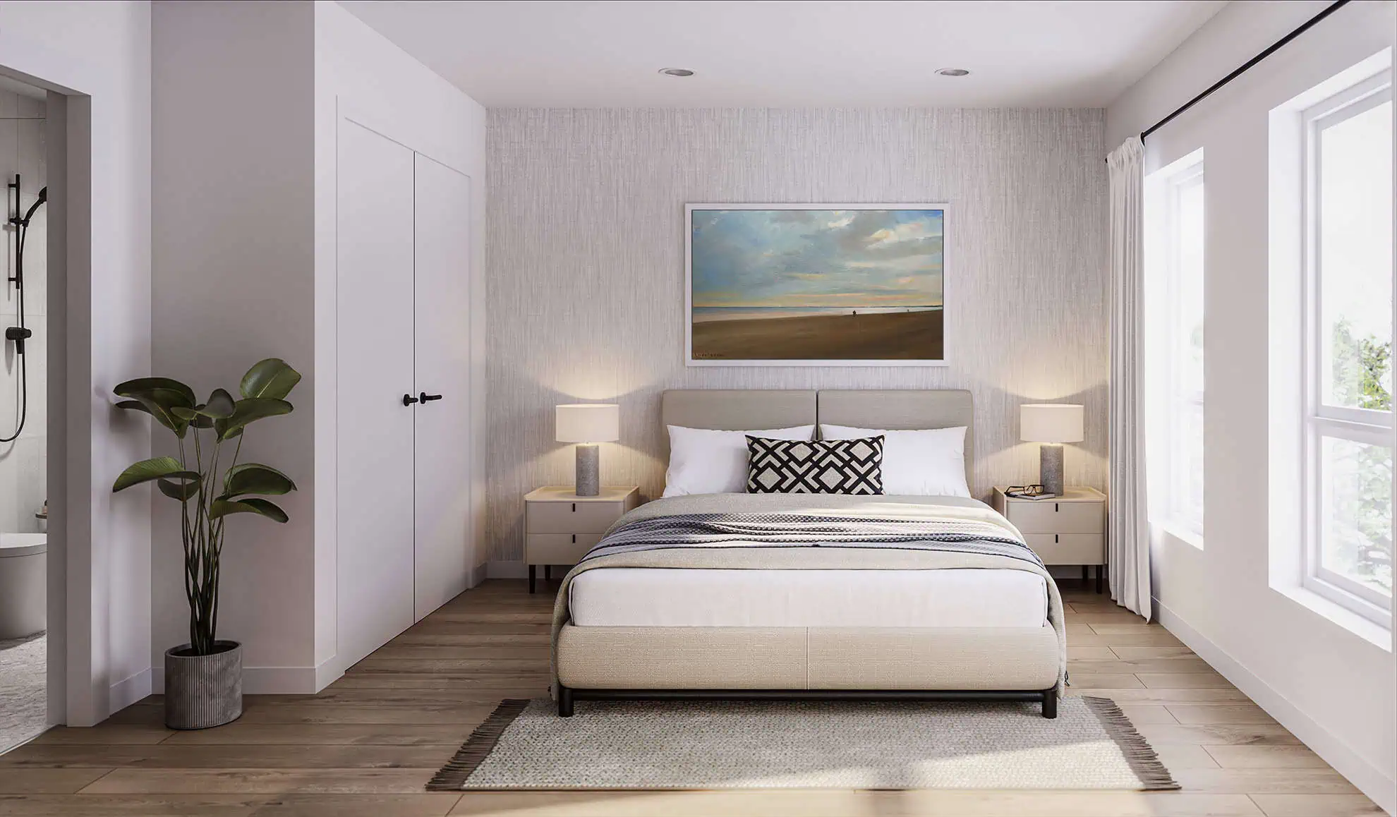 Skye at Holly Park – Bedroom rendering with an upholstered bed, matching nightstands, a landscape painting, and a large window with sheer curtains.