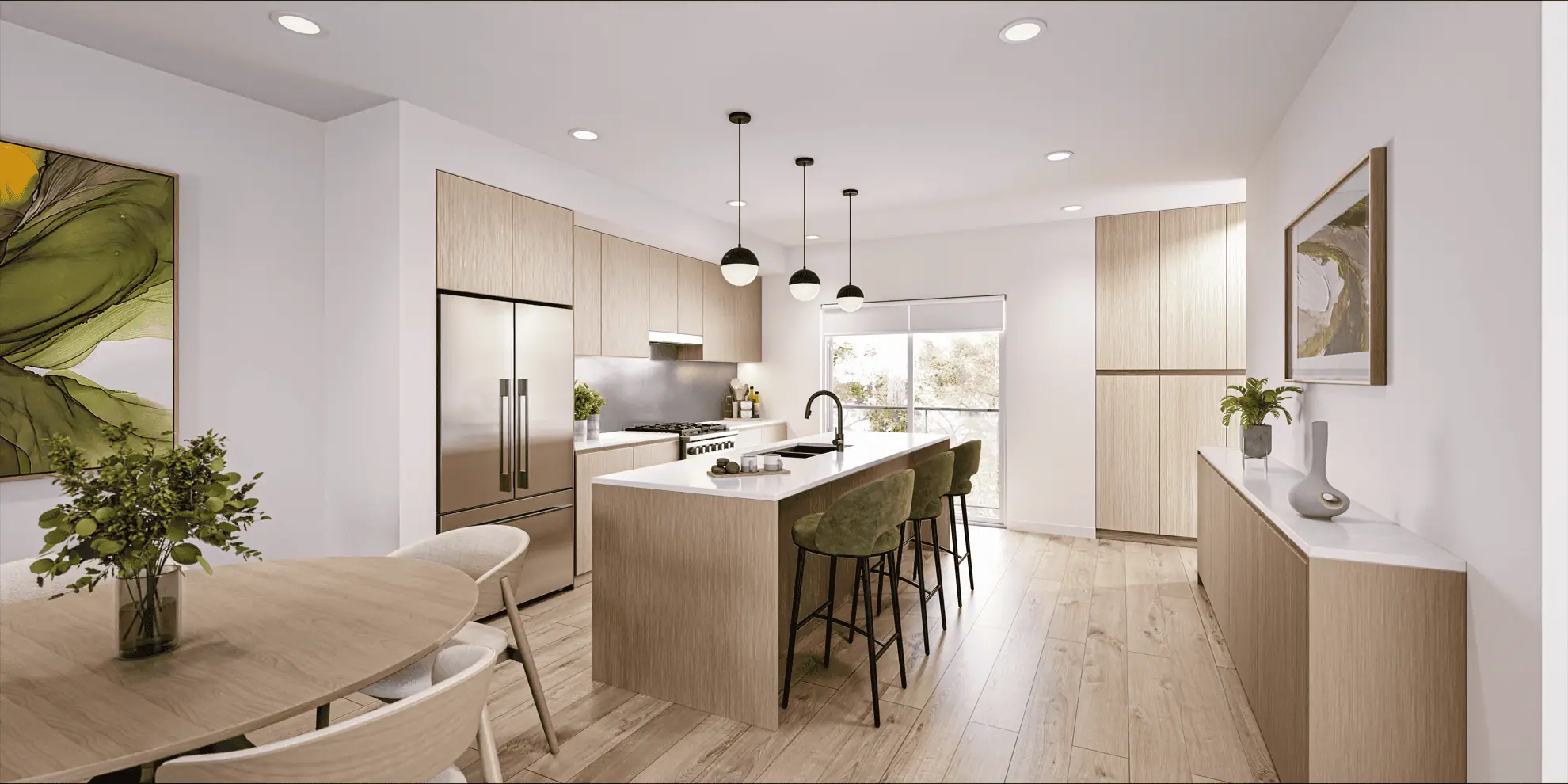Skye at Holly Park – Kitchen rendering with a wood-toned island, green bar stools, pendant lighting, a stainless fridge, and a dining nook nearby.