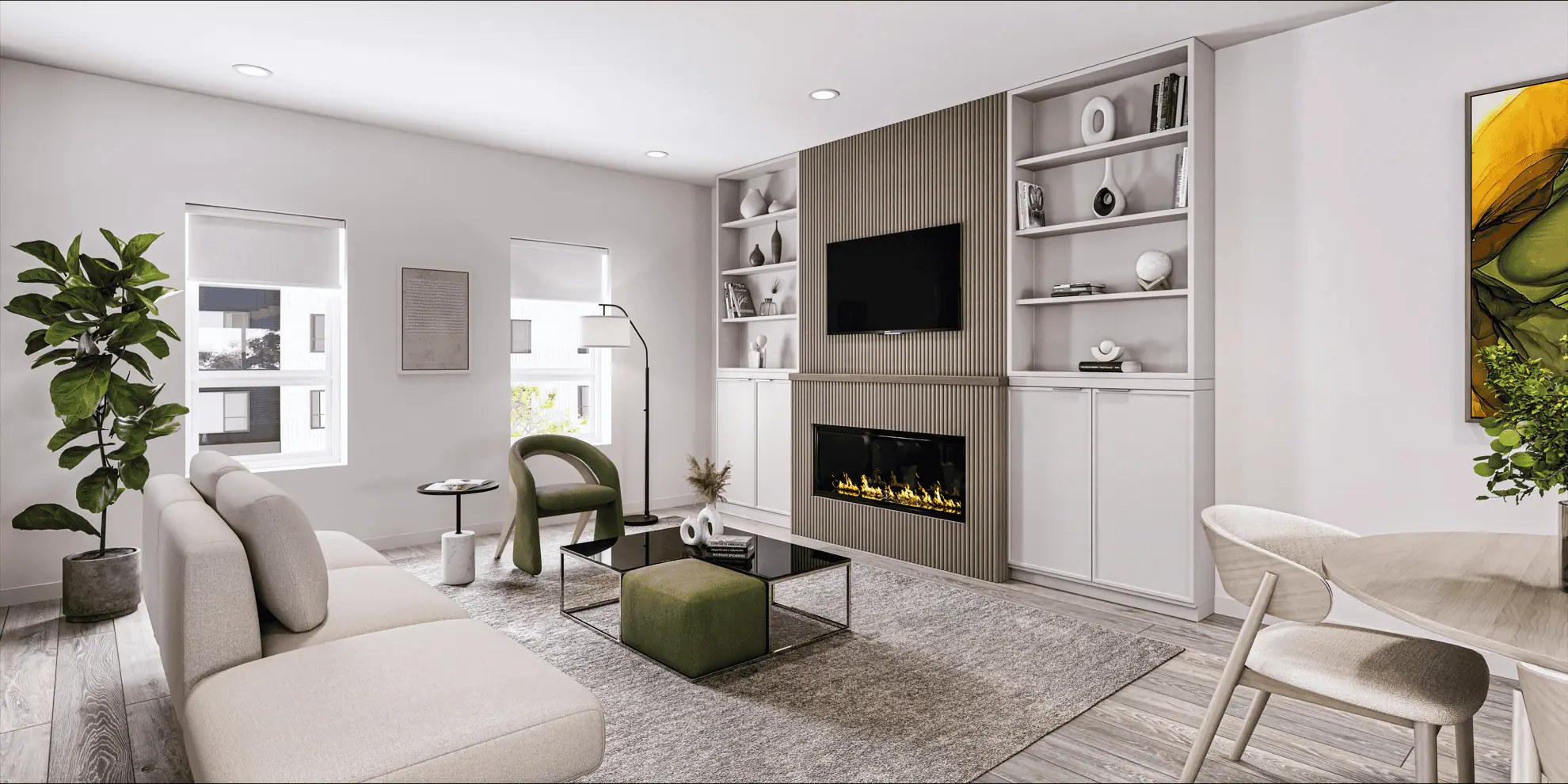 Skye at Holly Park – Living room rendering with a beige sofa, green accent chair, built-in shelving flanking a linear fireplace, and a wall-mounted TV.