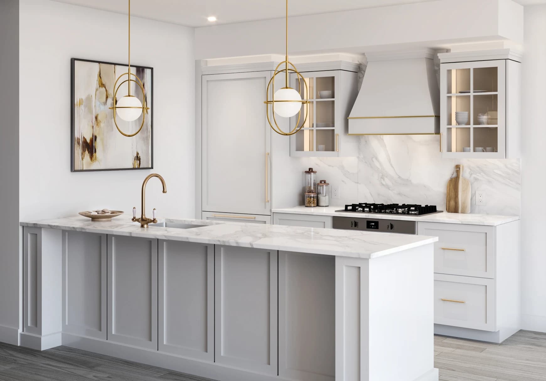 Oasis at Concord Brentwood – A modern luxury kitchen featuring light gray paneled cabinetry, white marble countertops, and matching marble slab backsplash. A large island with a gooseneck brass faucet anchors the foreground, illuminated by two brass orb pendant lights overhead.