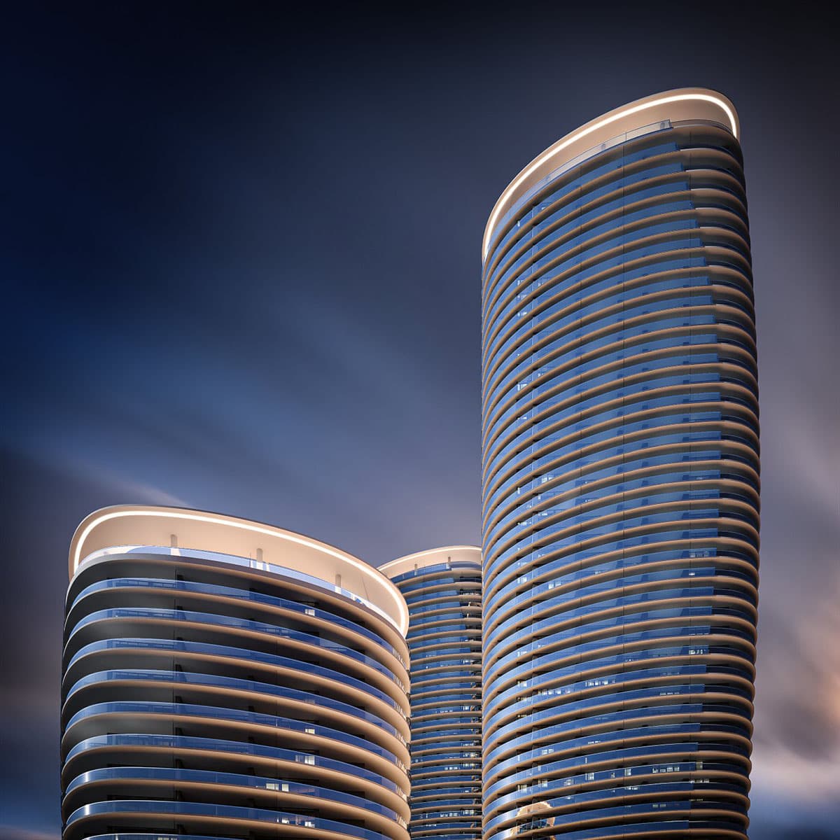 Oasis at Concord Brentwood – A low-angle shot showcases three modern residential towers with sleek, curved glass facades and continuous wrap-around balconies. Illuminated crowns top each building against a dramatic dusk sky, creating a futuristic and high-end aesthetic.