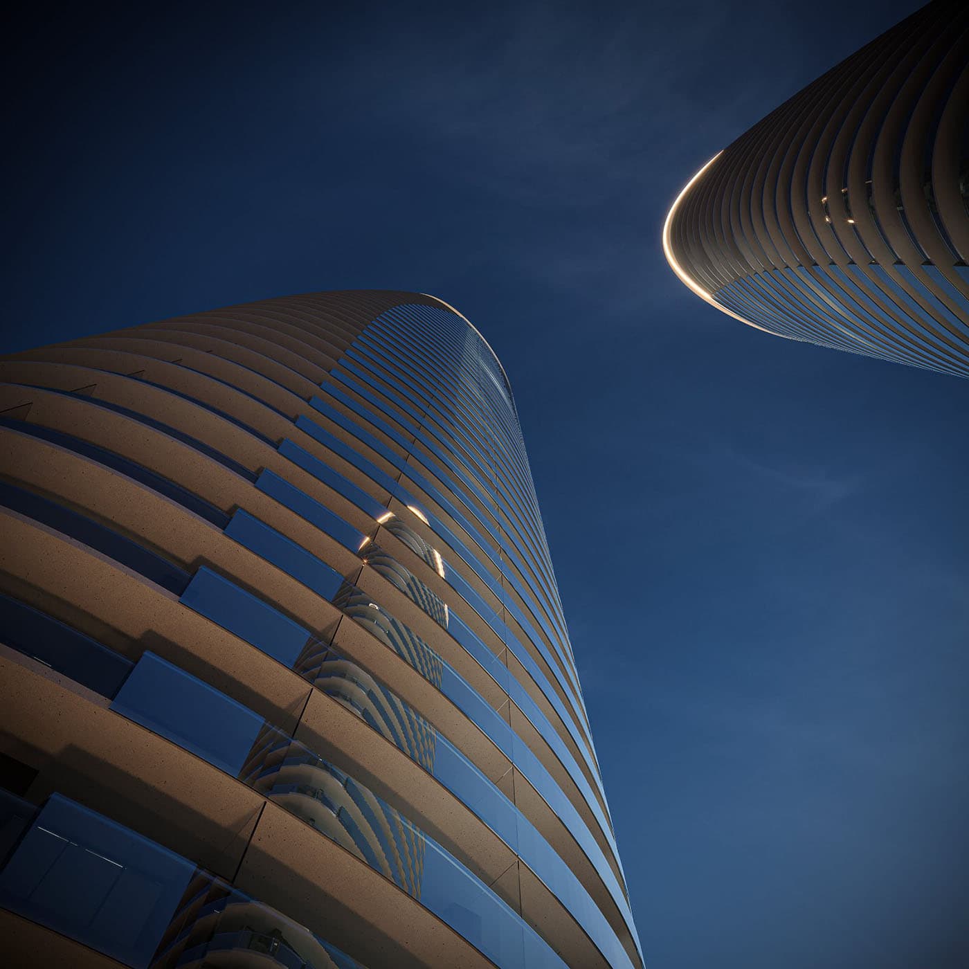Oasis at Concord Brentwood – A dramatic worm's-eye view looking up at two futuristic, curved residential skyscrapers set against a deep blue dusk sky. Smooth, continuous concrete balcony ledges and reflective glass panels curve gracefully along the facades, accentuating the sleek, modern architectural form.