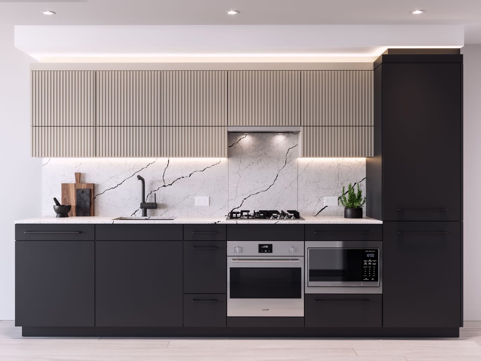 Oasis at Concord Brentwood – A modern residential kitchen features dark charcoal lower cabinets and full-height pantry storage paired with light beige, vertically grooved upper cabinetry. White marble countertops and a matching slab backsplash with dramatic dark veining accent the space, which includes integrated stainless steel appliances, modern under-cabinet lighting, and a matte black faucet.