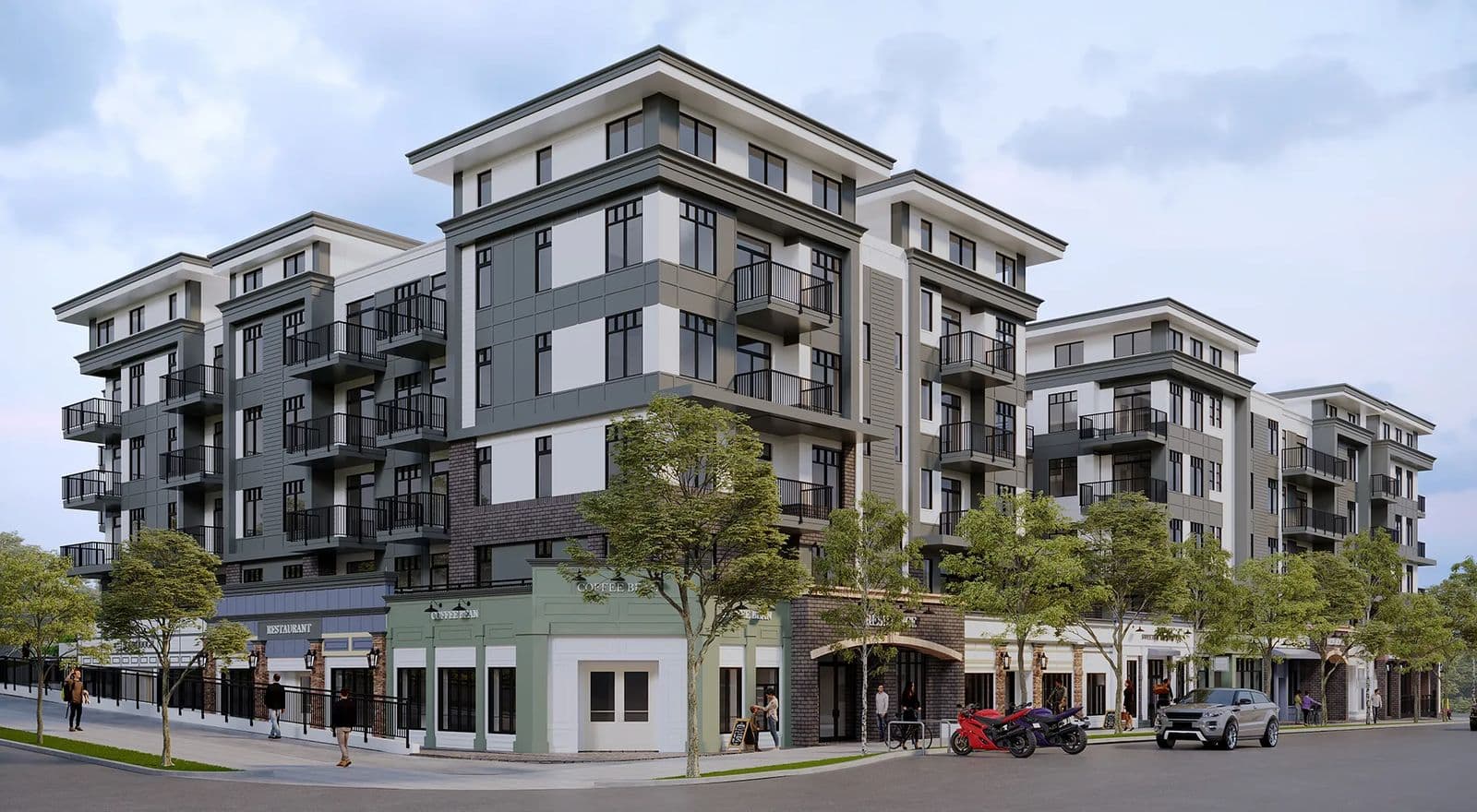 Montvue – Angled street corner rendering of the building showing a restaurant and Coffee Bean storefront beneath residential floors with balconies.