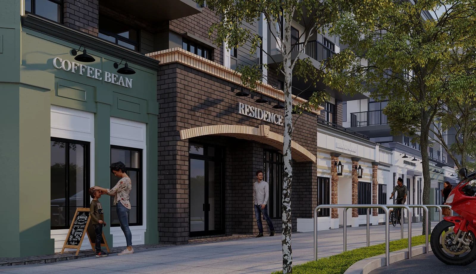Montvue – Street-level rendering of the building's ground-floor retail, showing a 'Coffee Bean' shop and a brick entrance marked 'Residence' with pedestrians and a bike lane out front.