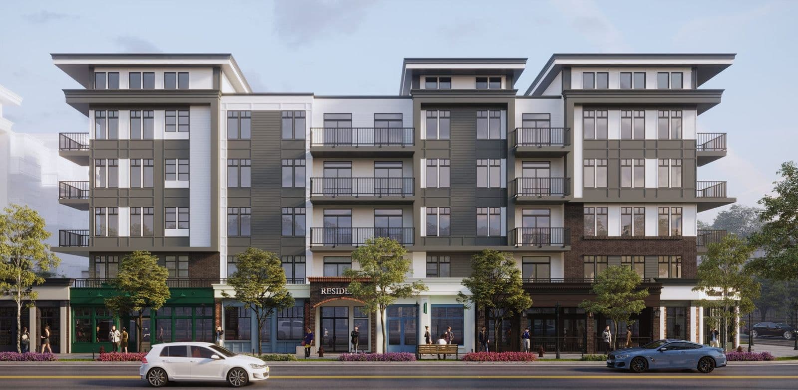 Montvue – Frontal street-level rendering of the building facade with balconies above ground-floor retail units, landscaping and parked cars.