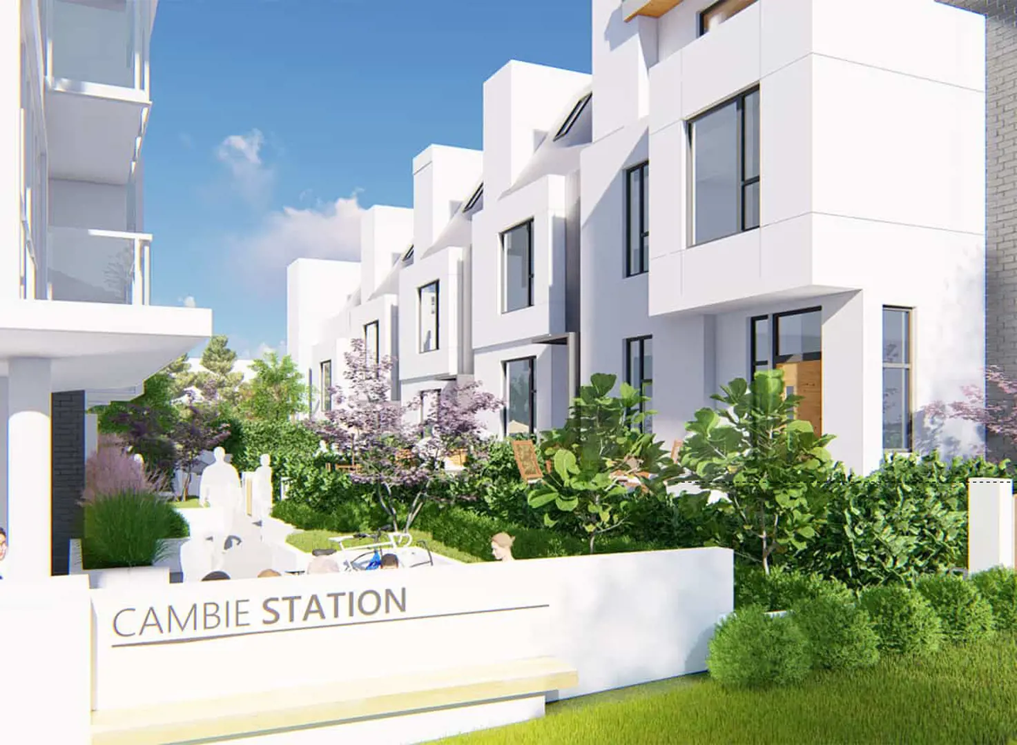 Cambie Station – A ground-level exterior rendering shows modern white multi-story townhomes with black-framed windows lined along a landscaped courtyard. In the foreground, a white entrance wall displays the text "CAMBIE STATION" alongside lush green bushes, trees, and a sunny blue sky.