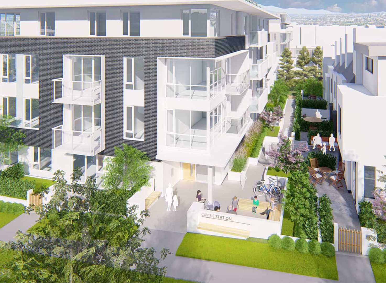 Cambie Station – An elevated architectural rendering showcases the corner exterior of a modern residential building featuring dark brick accents, white paneling, and glass balconies. Ground-level amenities include a landscaped courtyard, outdoor seating benches, a bike rack, and a gated side pathway under bright daytime light.