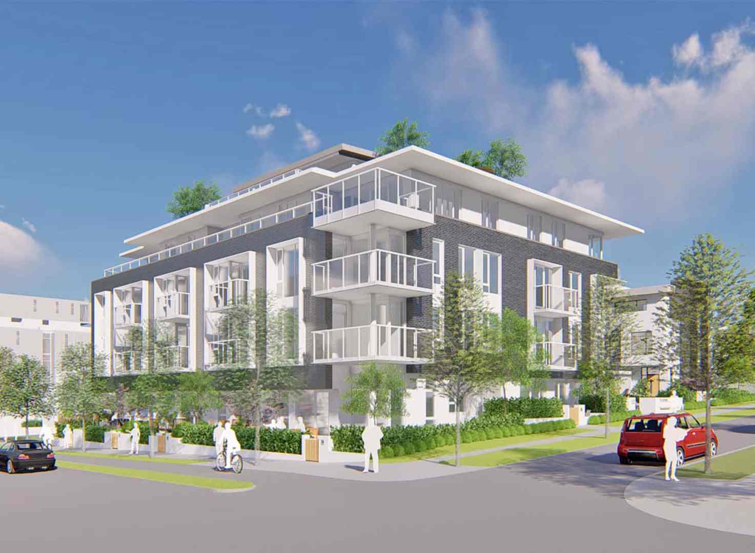 Cambie Station – A rendering of a four-story modern residential building featuring dark brick framing, white accents, and private glass balconies on a sunny day. Greenery lines the ground-level street corner alongside landscaped hedges, young trees, and a rooftop deck visible at the top.