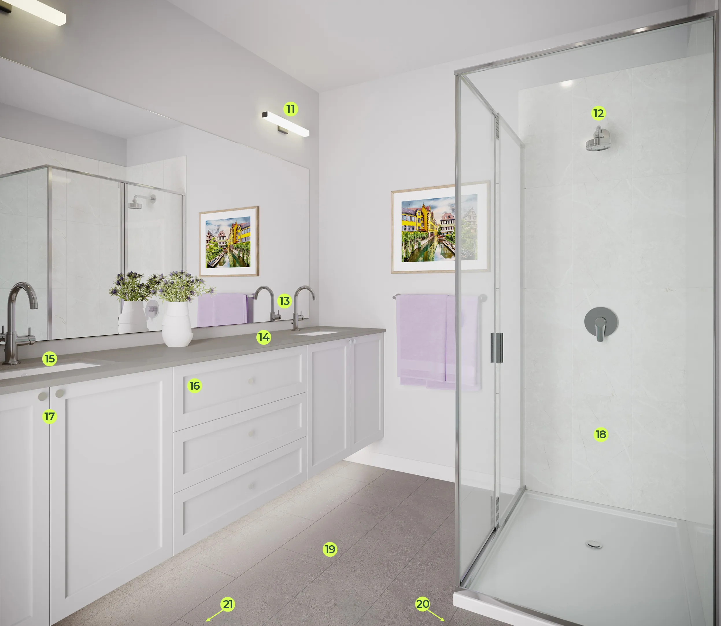 Queens Townhomes – A modern bathroom featuring a double vanity with white shaker cabinetry, grey countertops, and a wide unframed mirror with modern light fixtures. To the right, a glass-enclosed walk-in shower with polished chrome fixtures stands against light marble-patterned wall tiles and grey floor tiling.
