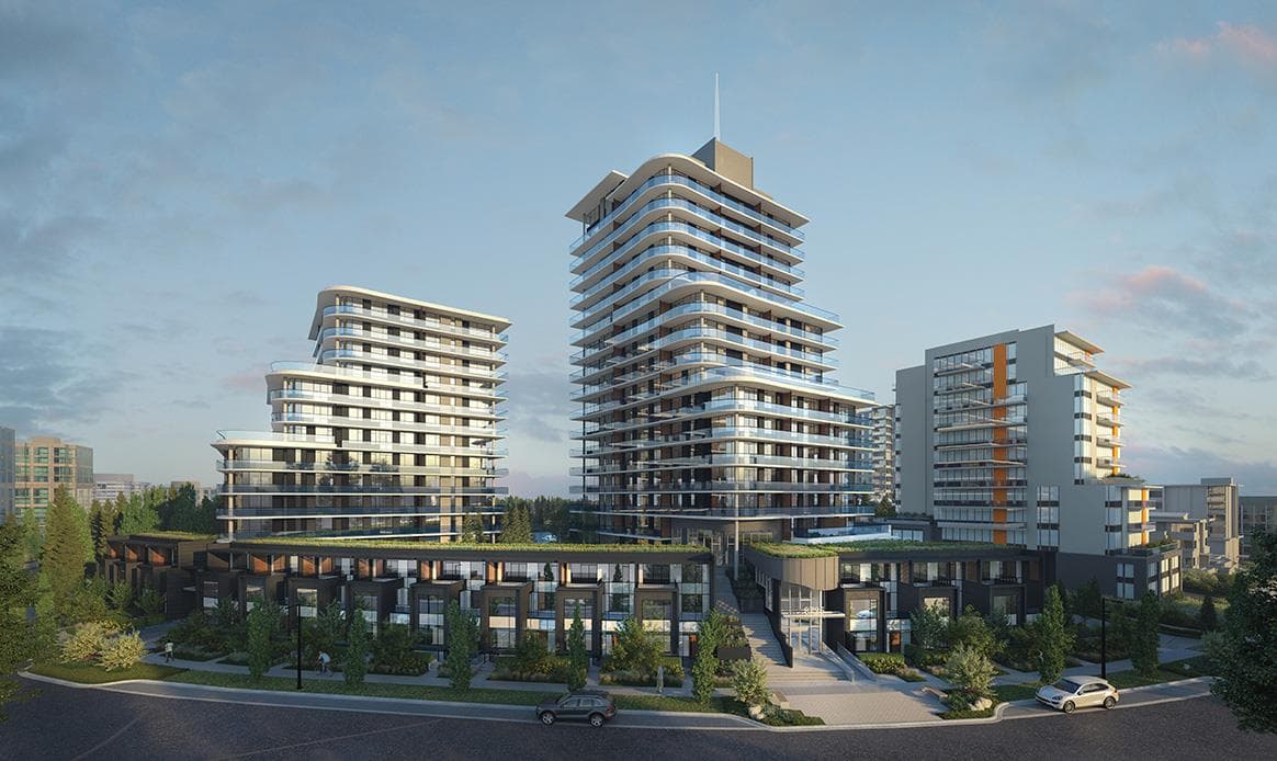 Crescent Court – Rendering of a mixed high-rise and mid-rise condo complex with curved glass balconies, ground-level townhomes, and landscaped walkways at dusk.