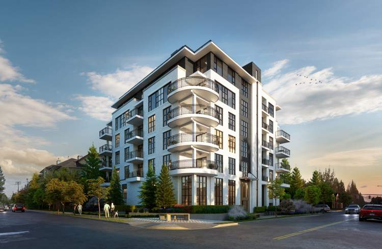 One Shaughnessy – Corner street-level rendering of a white and dark-panel mid-rise condo building with rounded balconies, evergreen landscaping, and pedestrians on the sidewalk at dusk.